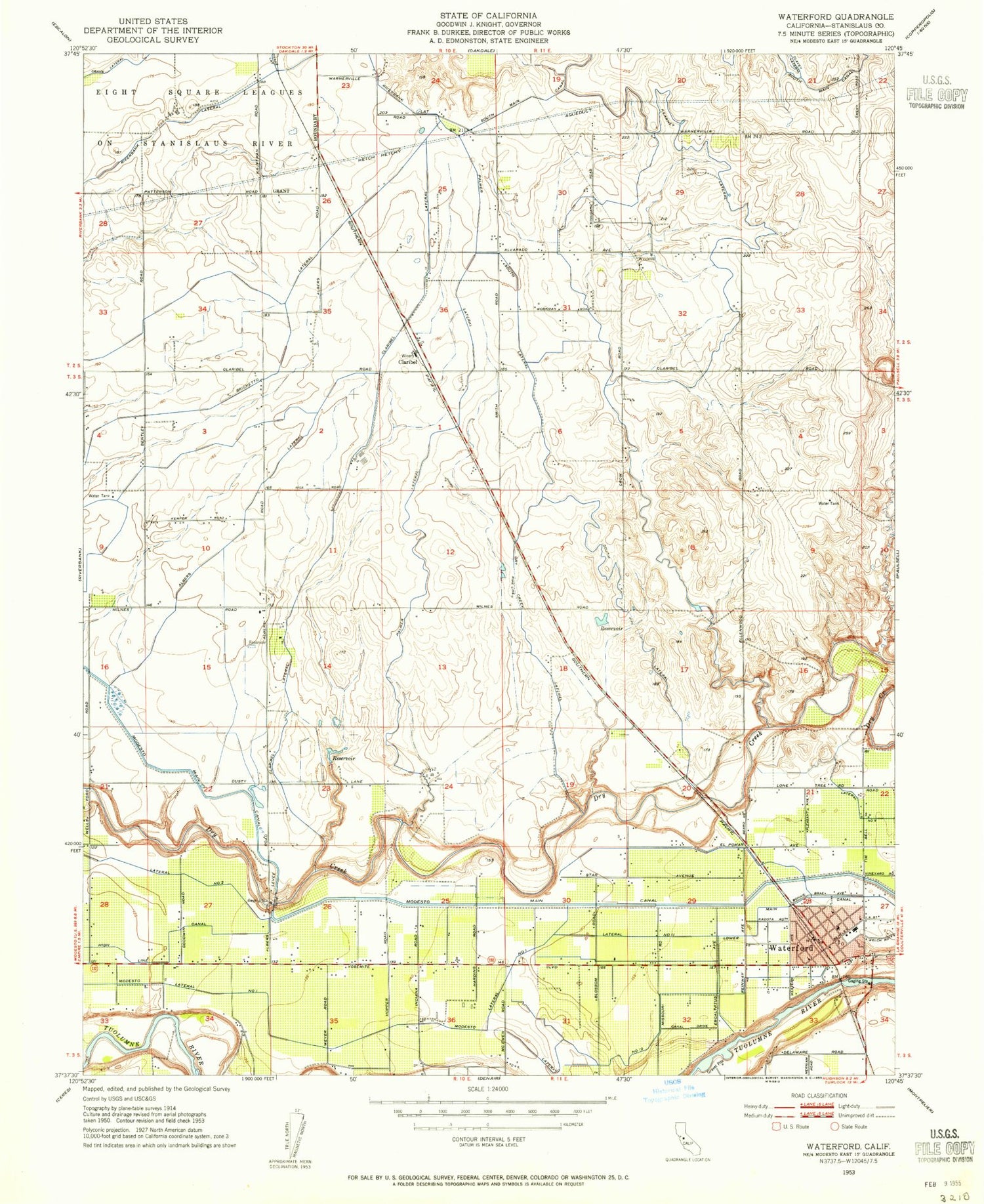 Classic USGS Waterford California 7.5'x7.5' Topo Map Image
