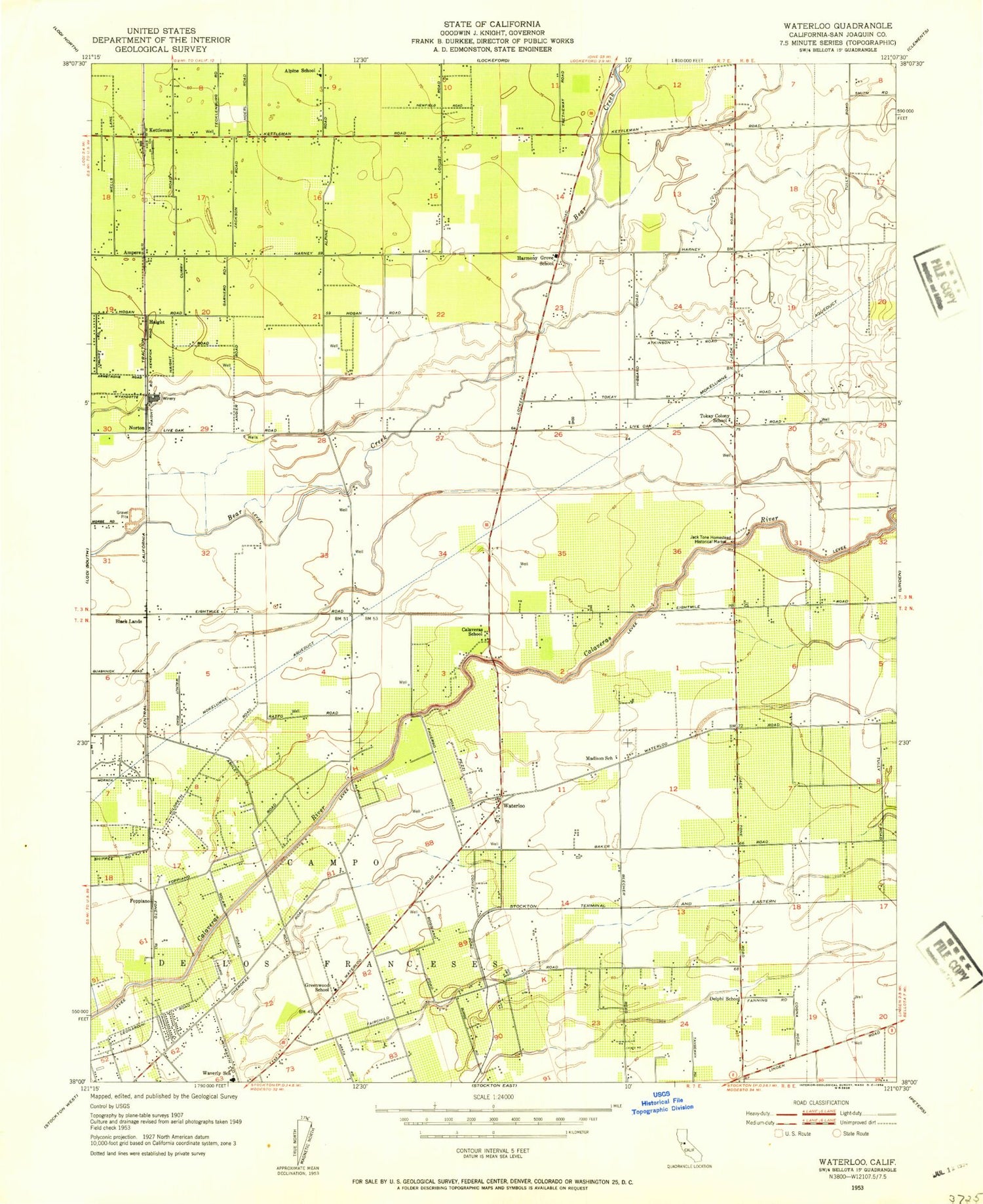 Classic USGS Waterloo California 7.5'x7.5' Topo Map Image