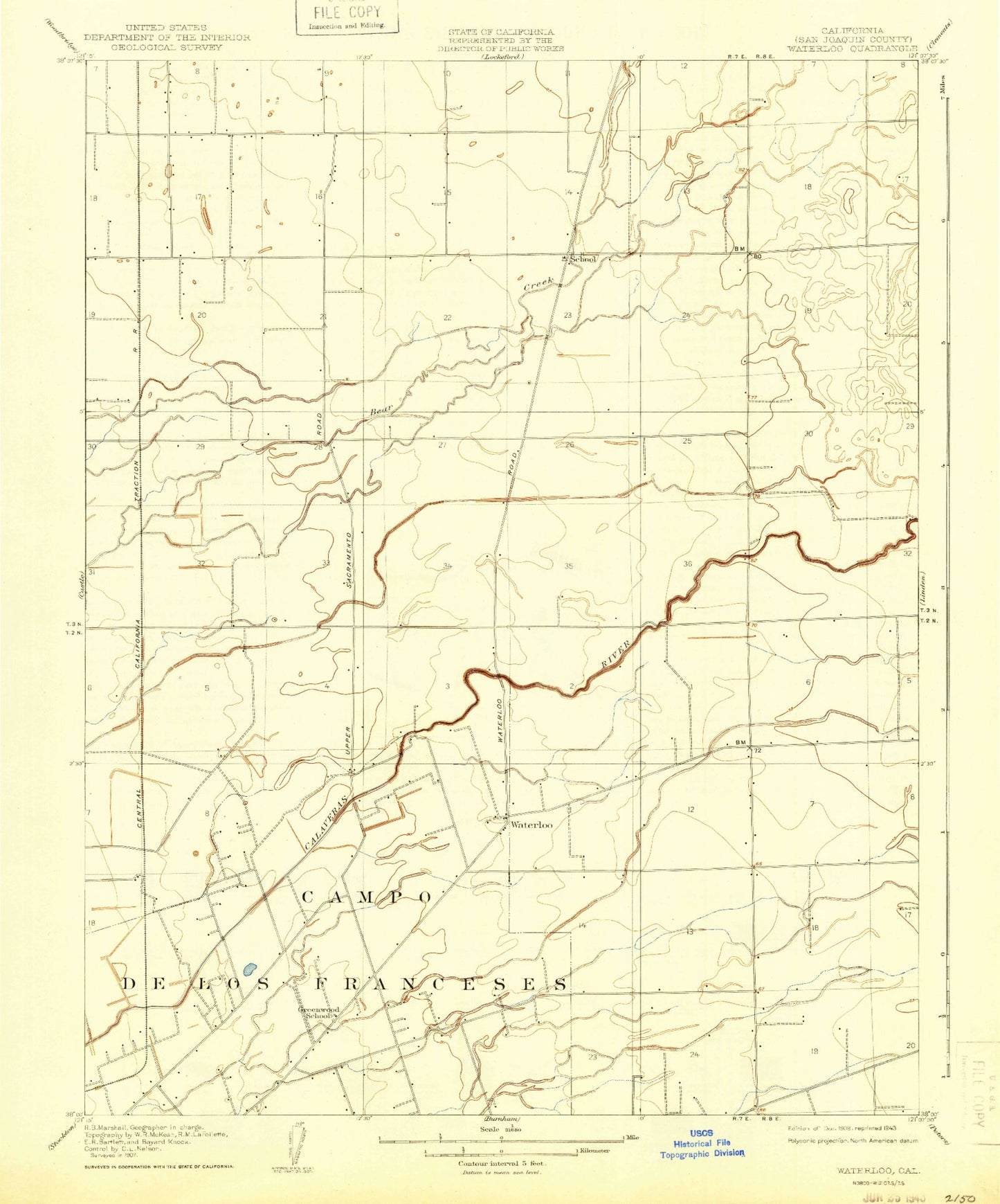 Classic USGS Waterloo California 7.5'x7.5' Topo Map Image