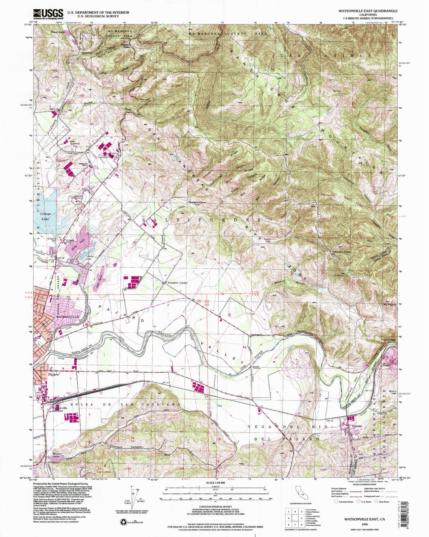 Classic USGS Watsonville East California 7.5'x7.5' Topo Map Image