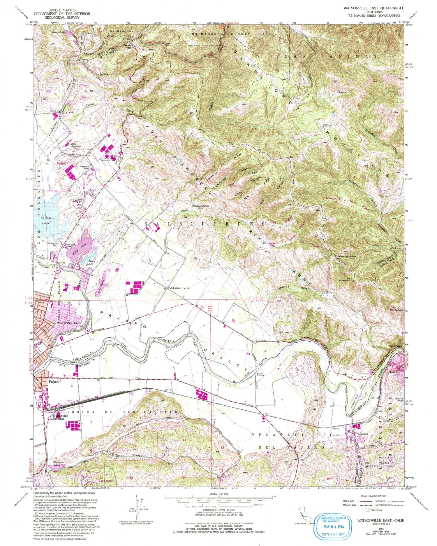 Classic USGS Watsonville East California 7.5'x7.5' Topo Map Image