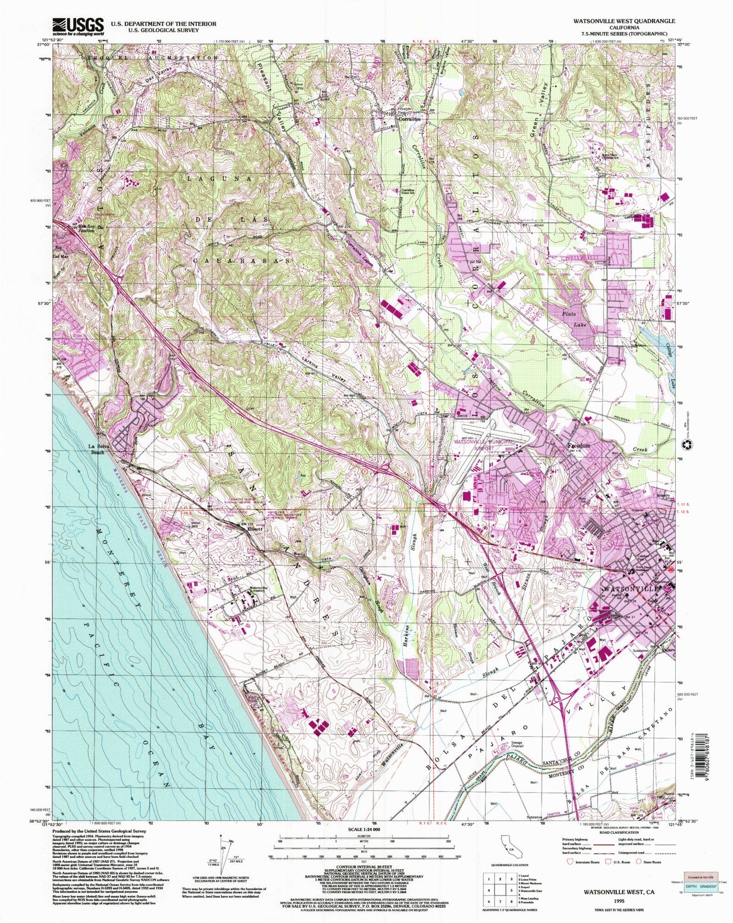 Classic USGS Watsonville West California 7.5'x7.5' Topo Map Image
