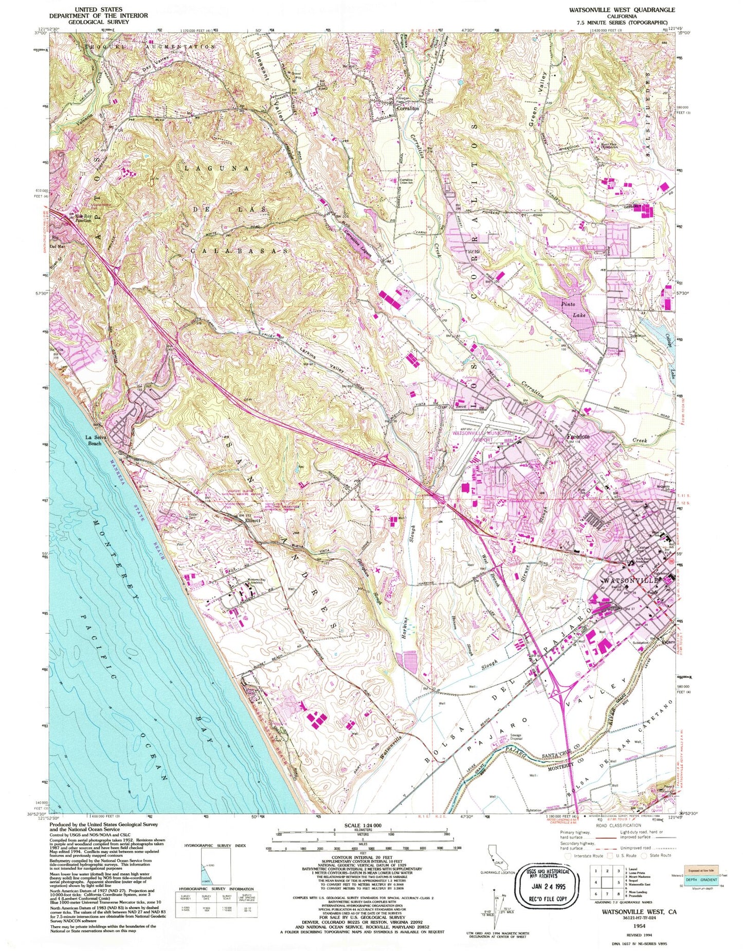 Classic USGS Watsonville West California 7.5'x7.5' Topo Map Image