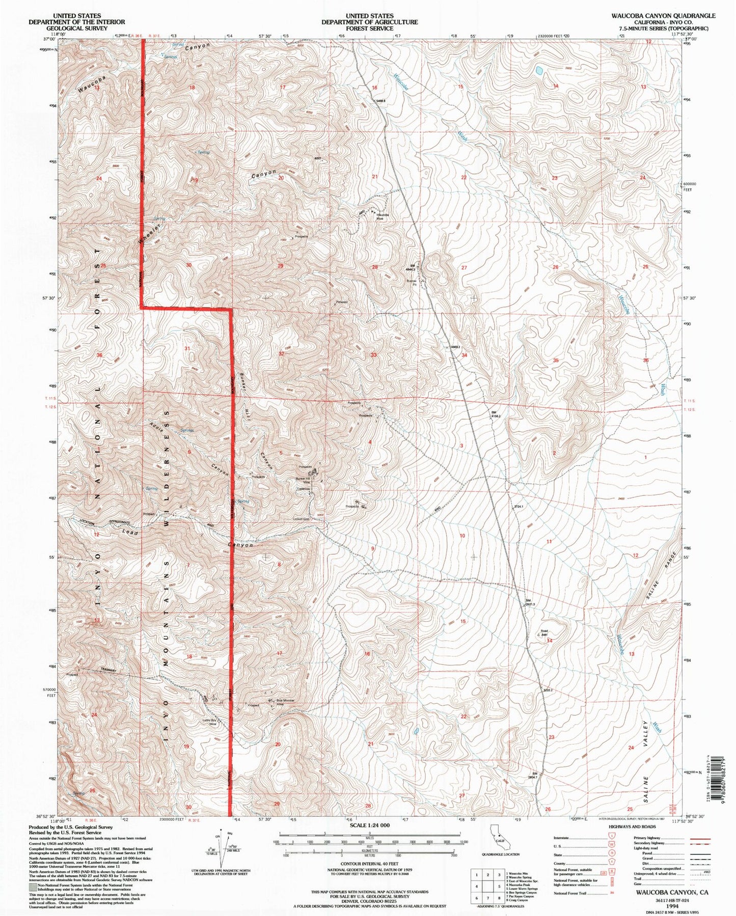 Classic USGS Waucoba Canyon California 7.5'x7.5' Topo Map Image