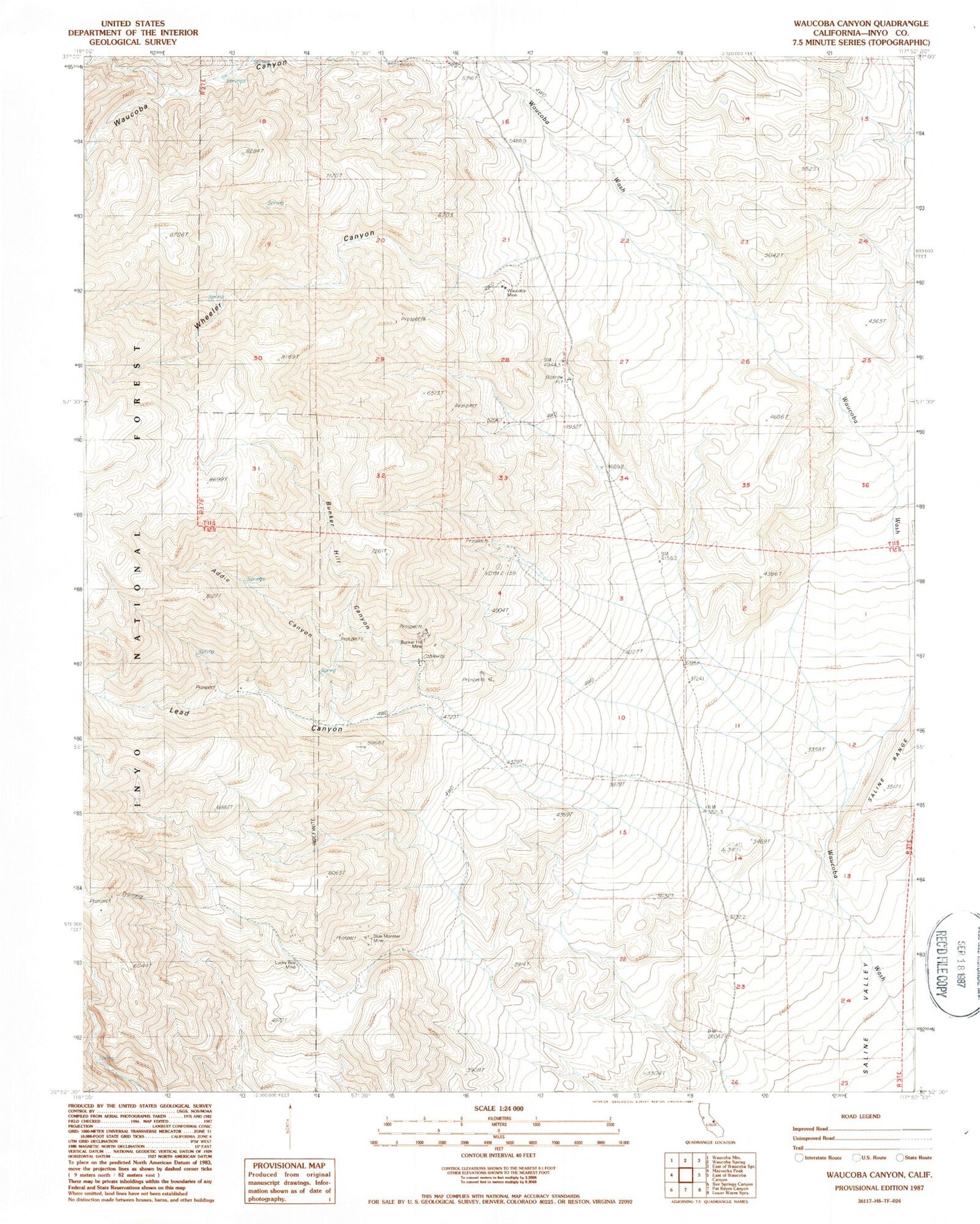 Classic USGS Waucoba Canyon California 7.5'x7.5' Topo Map Image