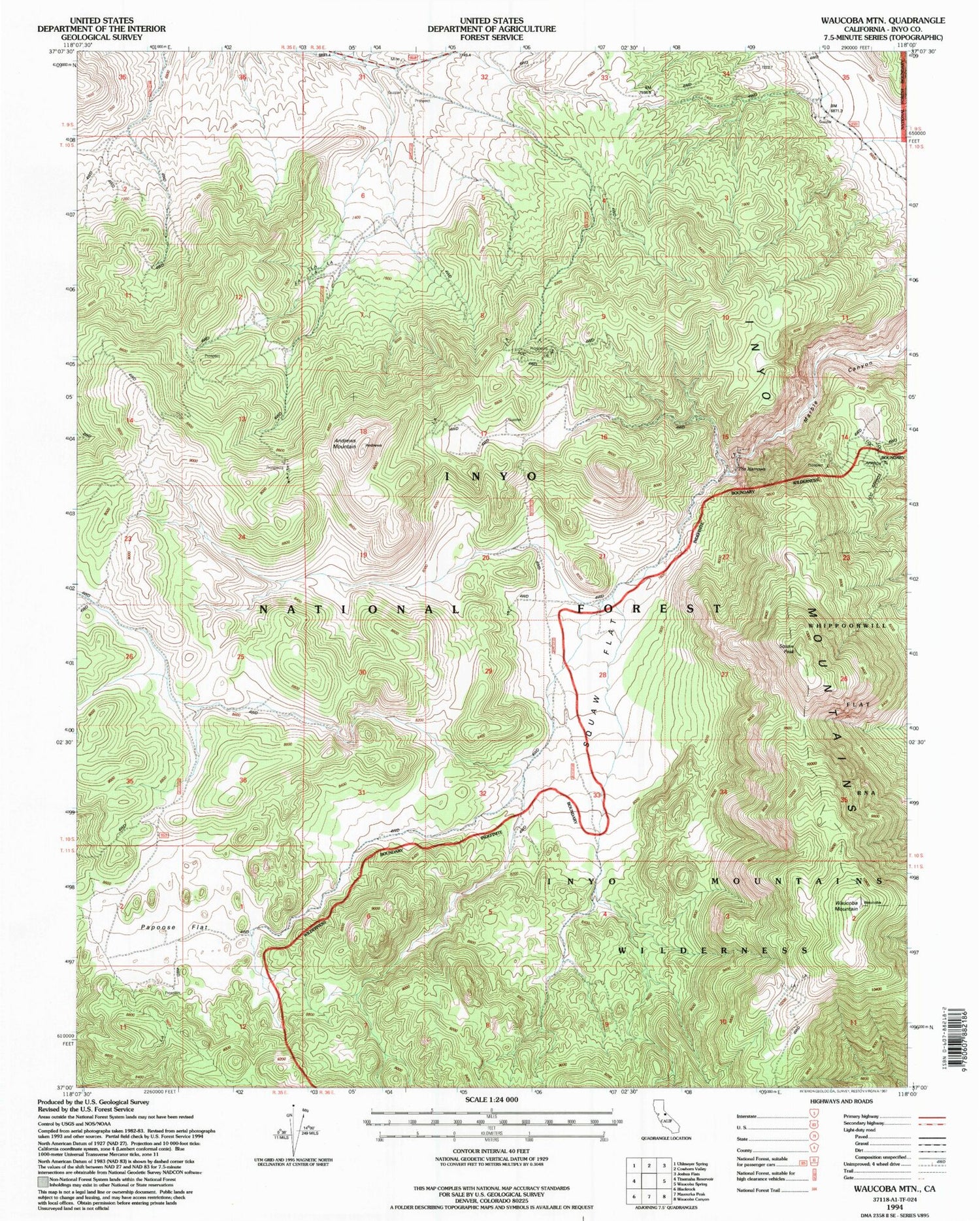 Classic USGS Waucoba Mountain California 7.5'x7.5' Topo Map Image