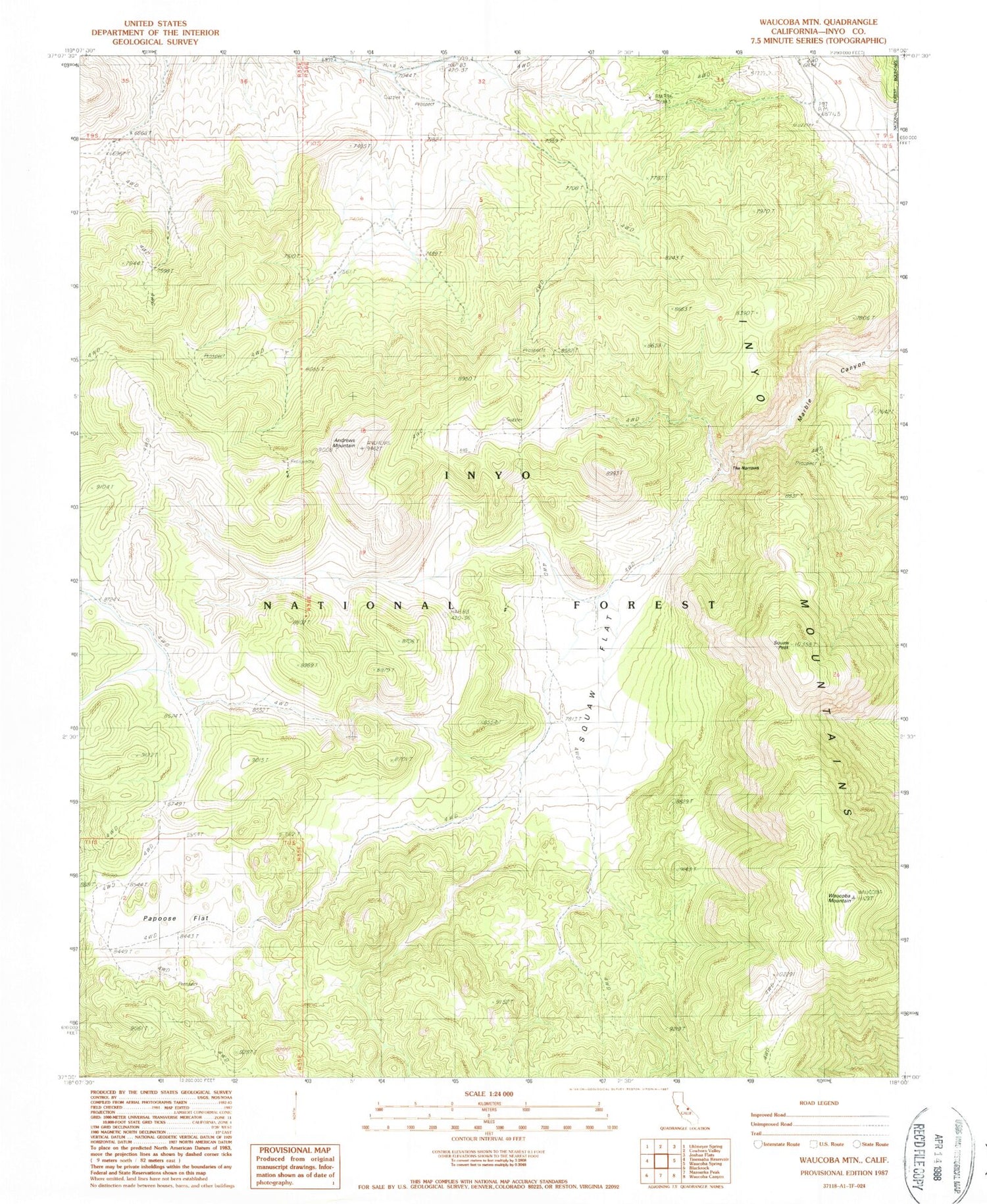 Classic USGS Waucoba Mountain California 7.5'x7.5' Topo Map Image