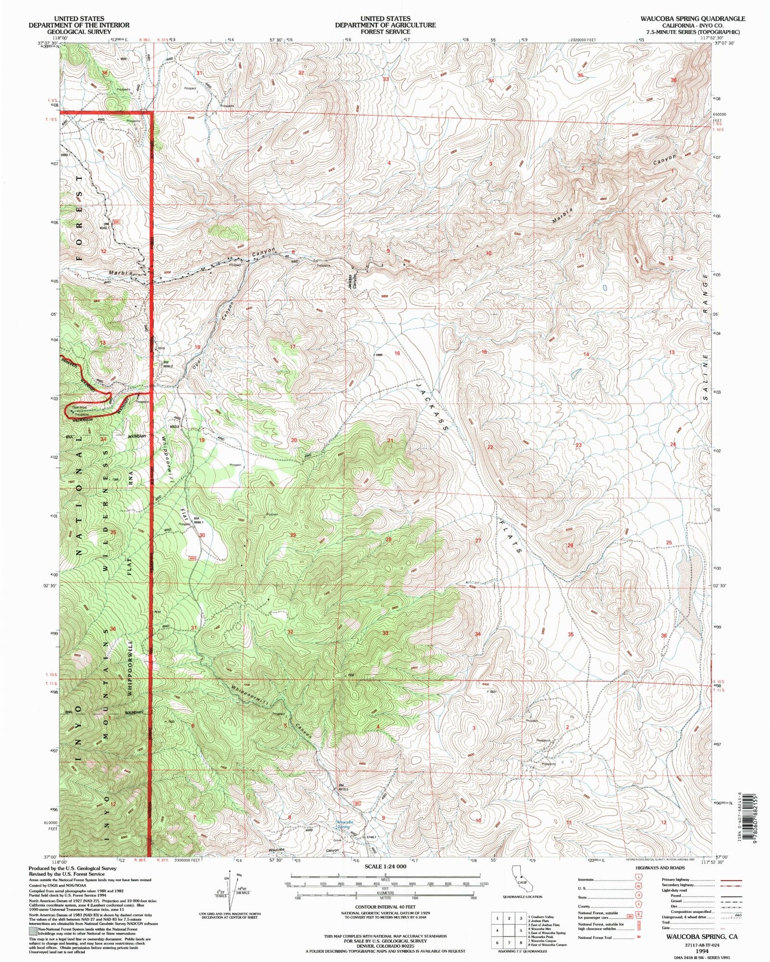 Classic USGS Waucoba Spring California 7.5'x7.5' Topo Map Image