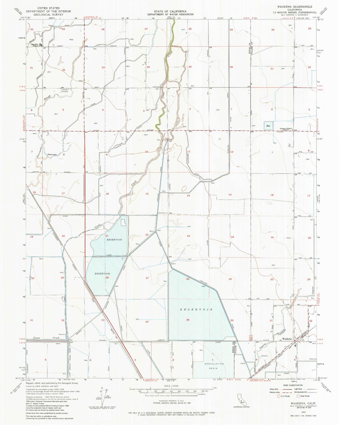 Classic USGS Waukena California 7.5'x7.5' Topo Map Image