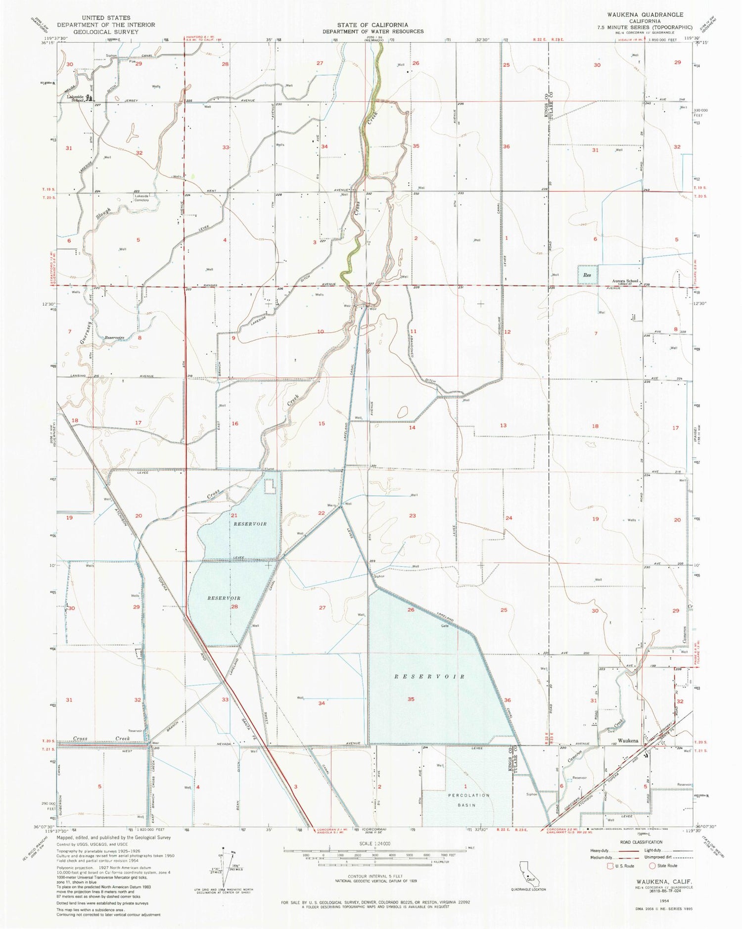 Classic USGS Waukena California 7.5'x7.5' Topo Map Image