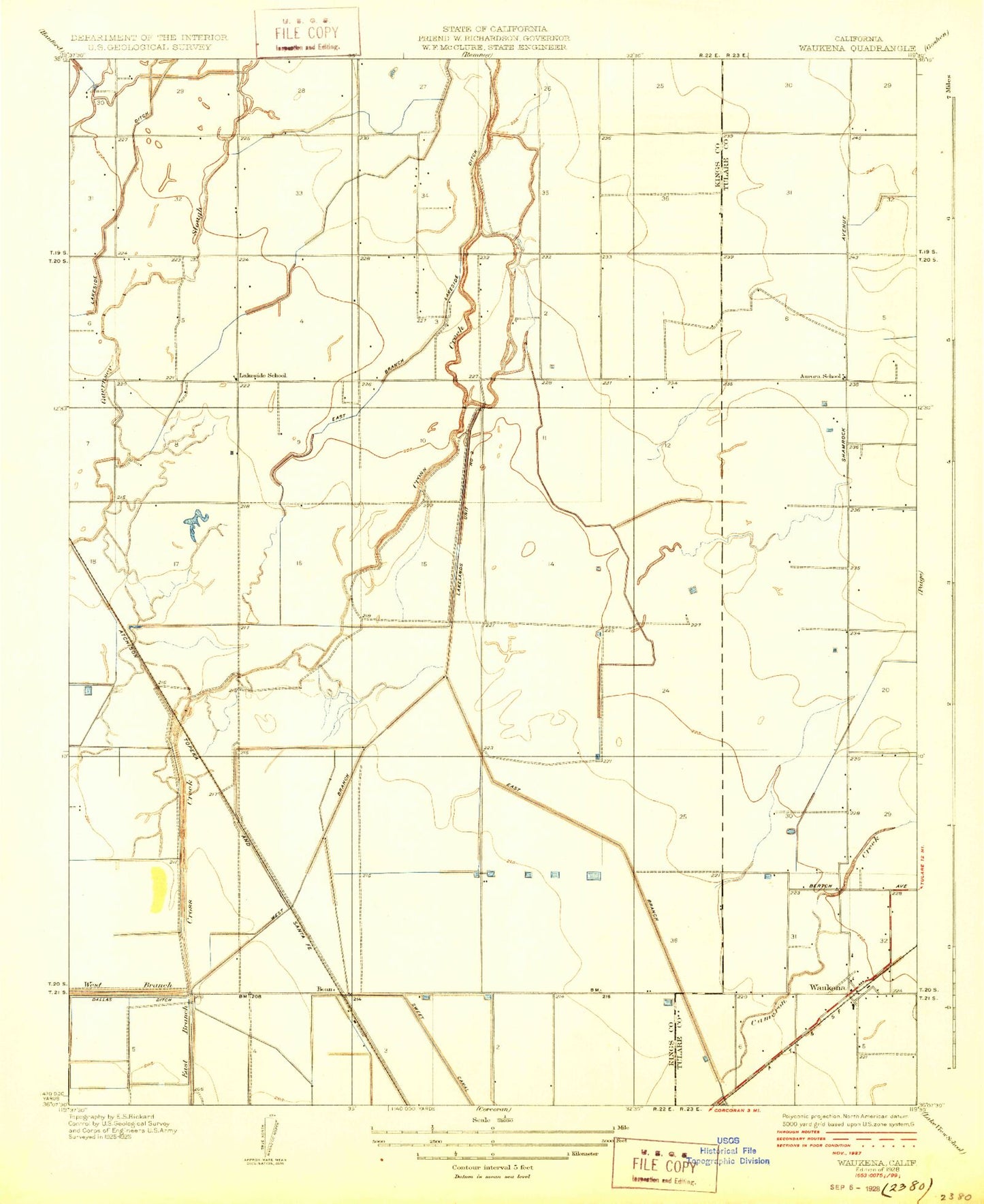 Classic USGS Waukena California 7.5'x7.5' Topo Map Image