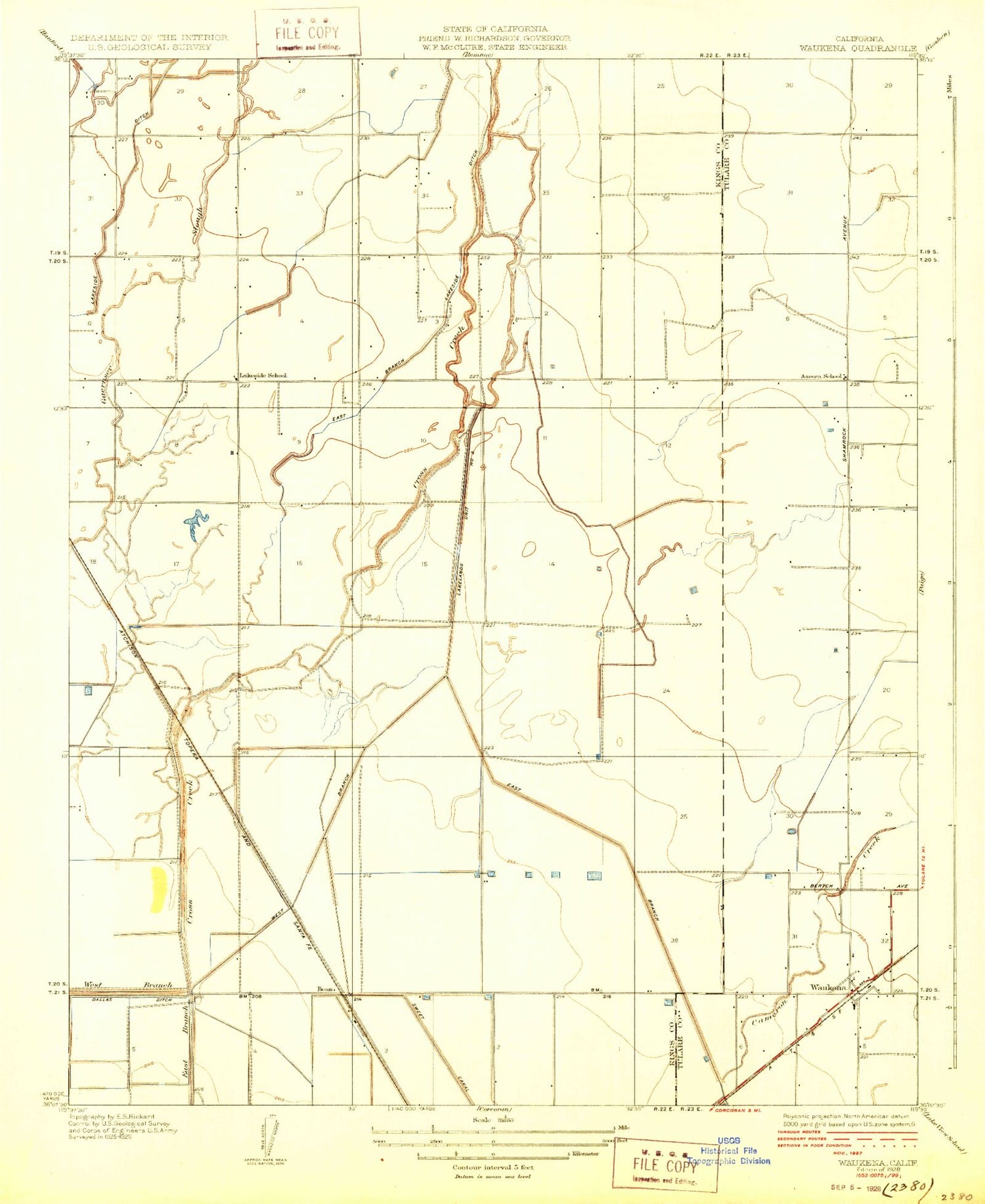 Classic USGS Waukena California 7.5'x7.5' Topo Map Image