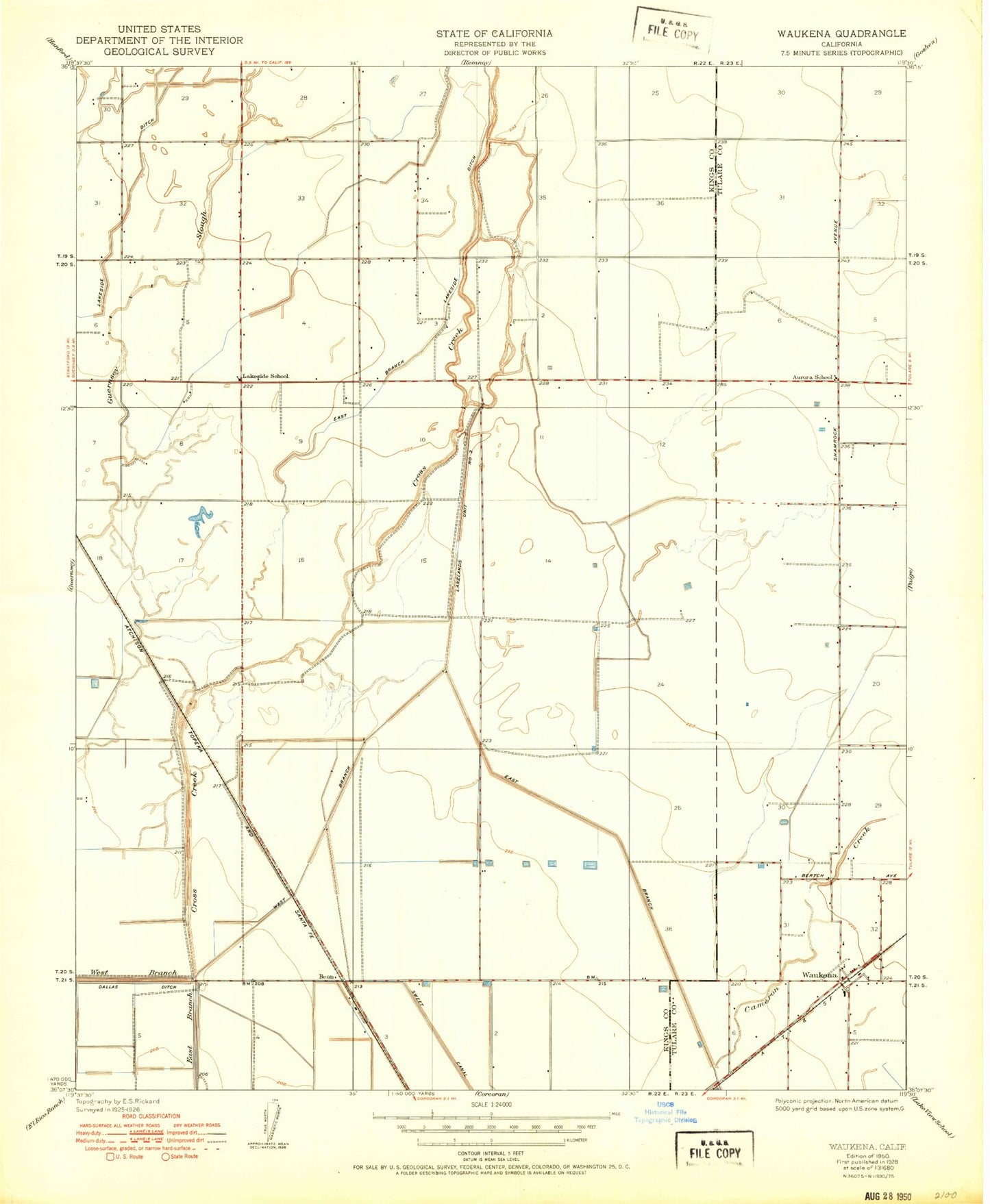 Classic USGS Waukena California 7.5'x7.5' Topo Map Image