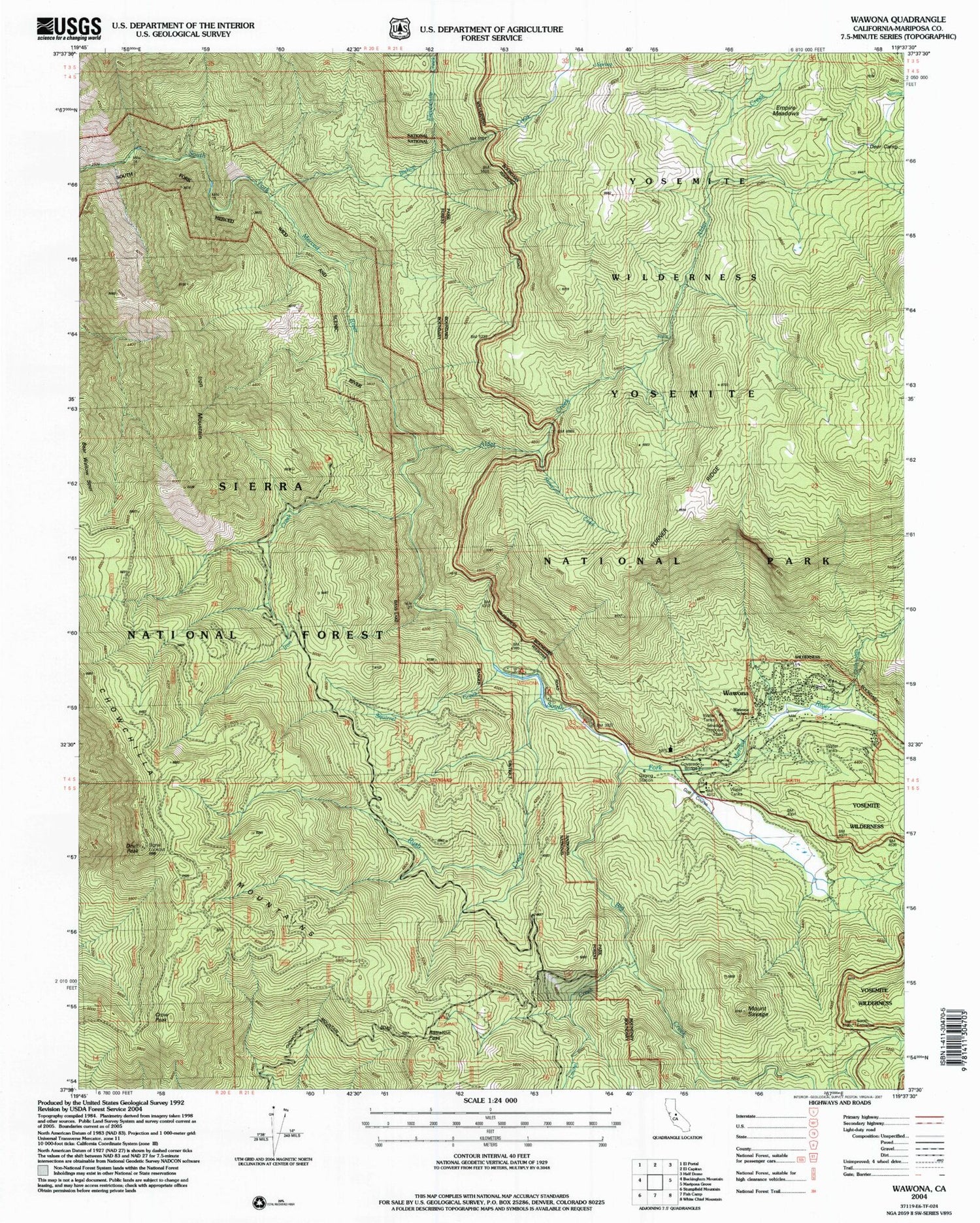 Classic USGS Wawona California 7.5'x7.5' Topo Map Image
