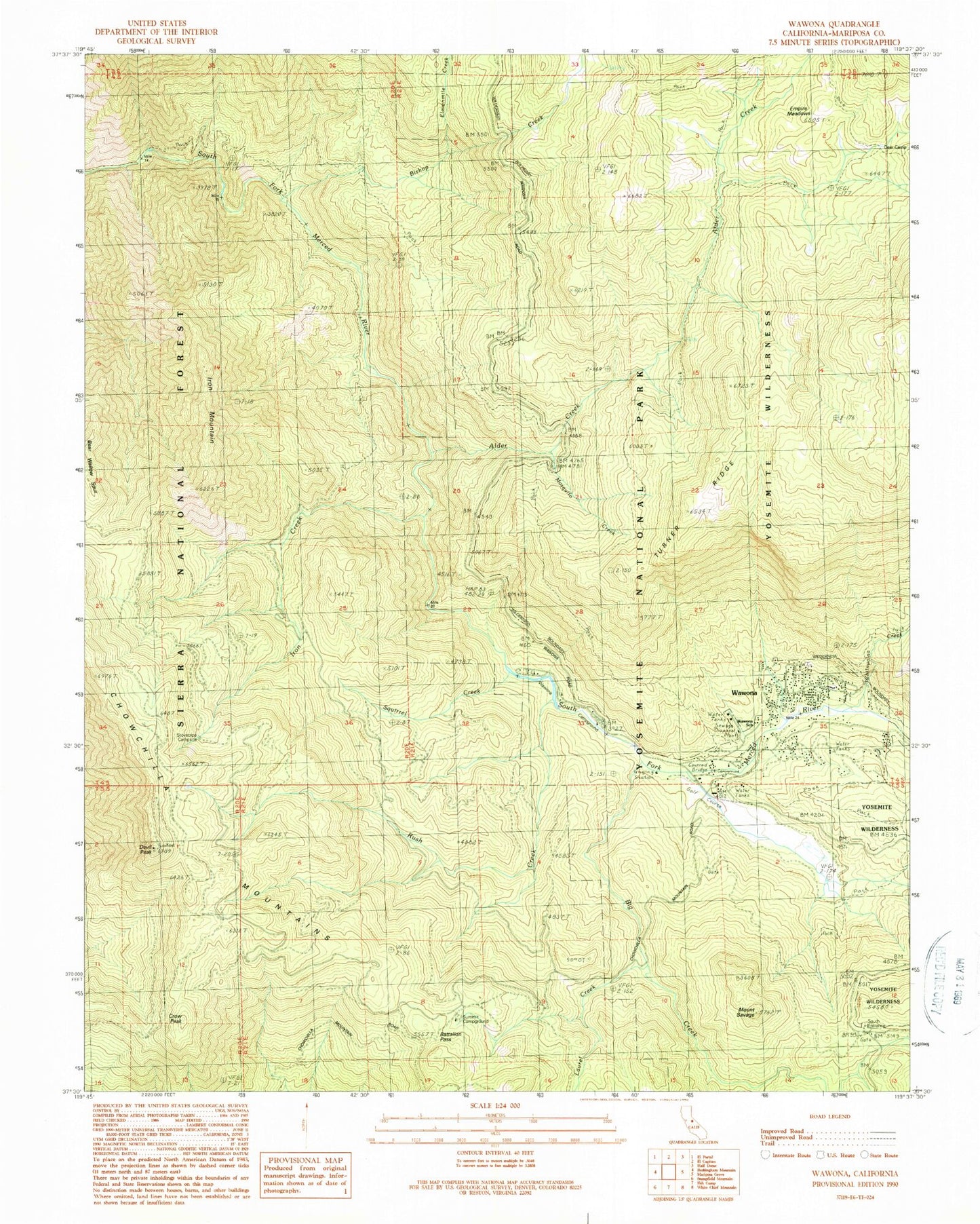 Classic USGS Wawona California 7.5'x7.5' Topo Map Image