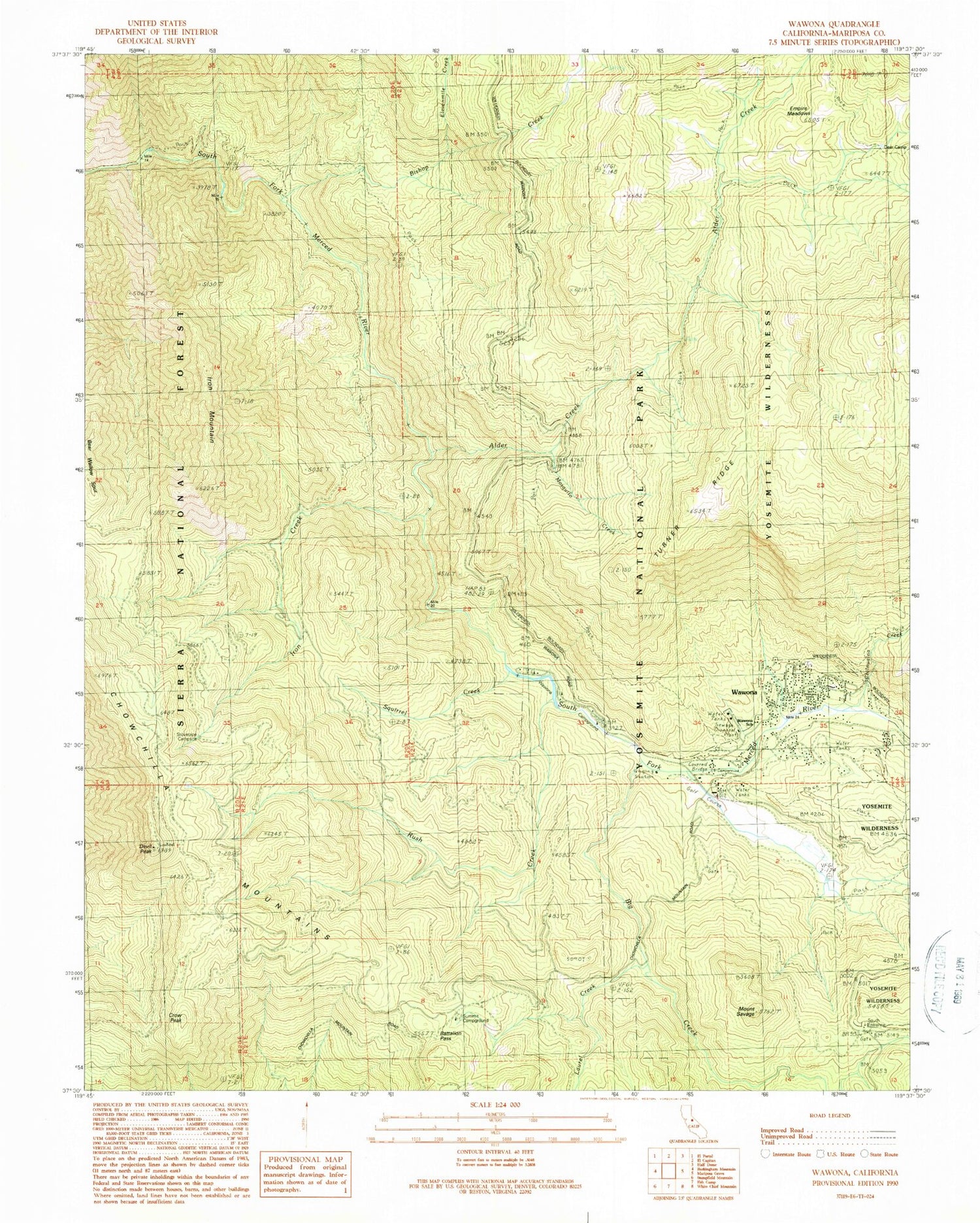 Classic USGS Wawona California 7.5'x7.5' Topo Map Image