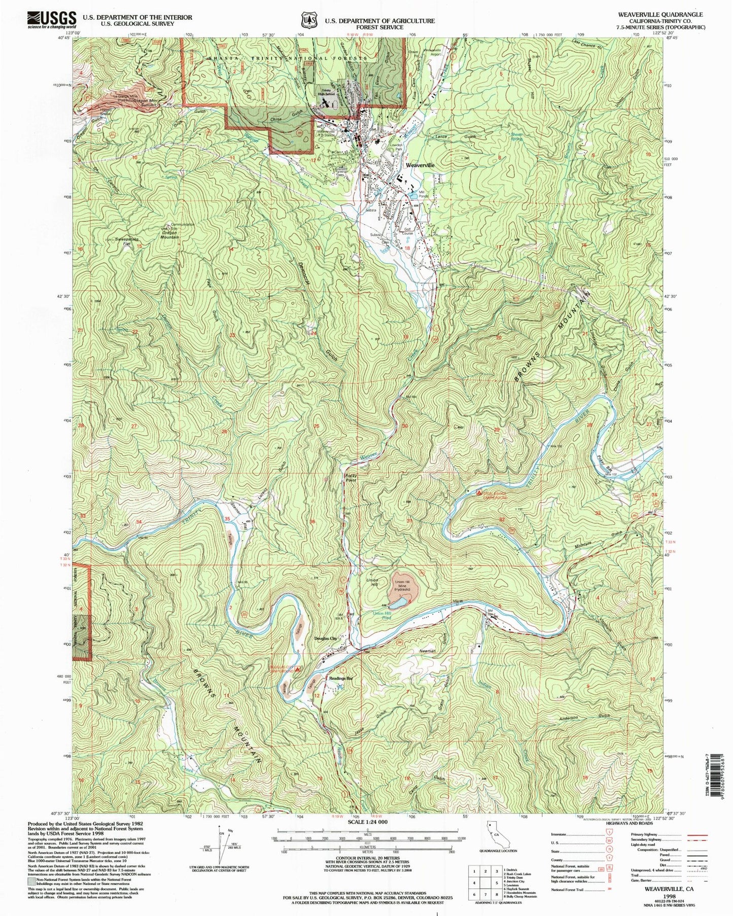 Classic USGS Weaverville California 7.5'x7.5' Topo Map Image