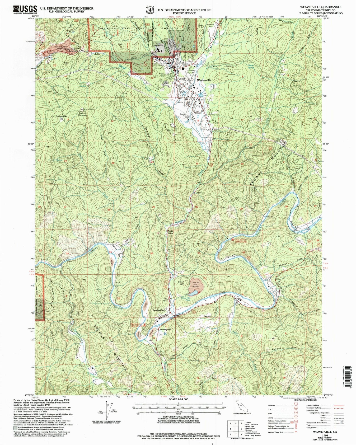 Classic USGS Weaverville California 7.5'x7.5' Topo Map Image