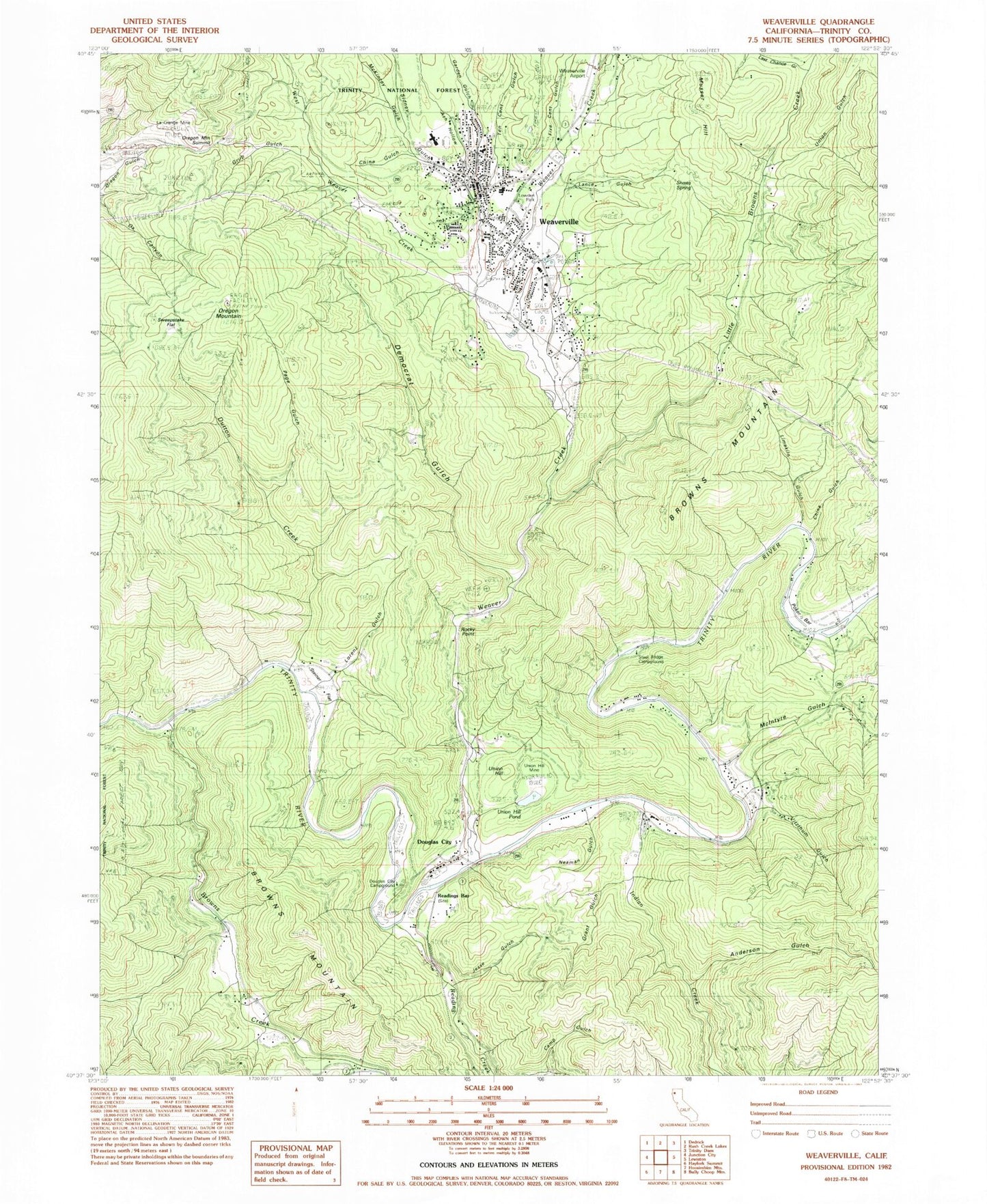 Classic USGS Weaverville California 7.5'x7.5' Topo Map Image