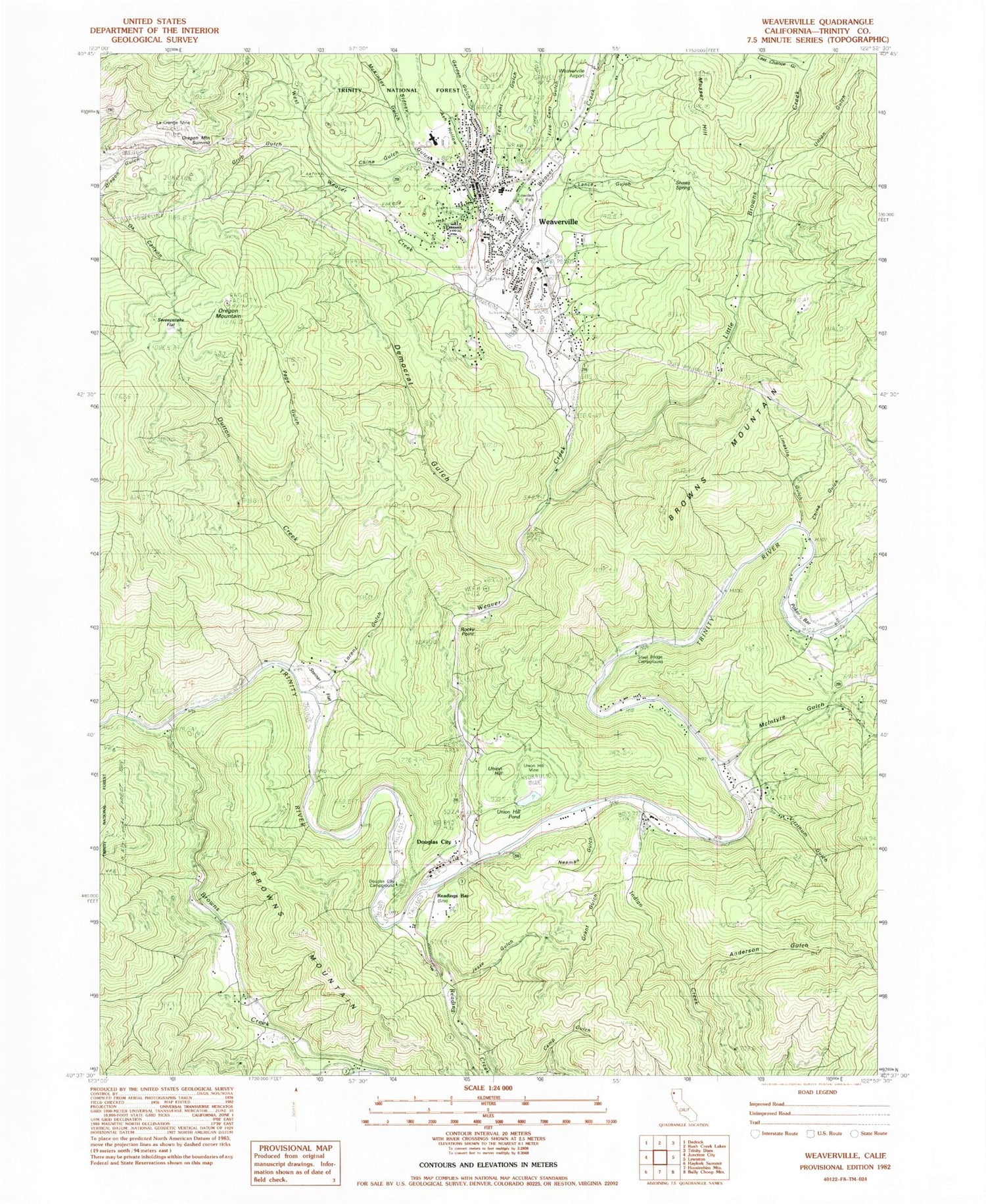 Classic USGS Weaverville California 7.5'x7.5' Topo Map Image