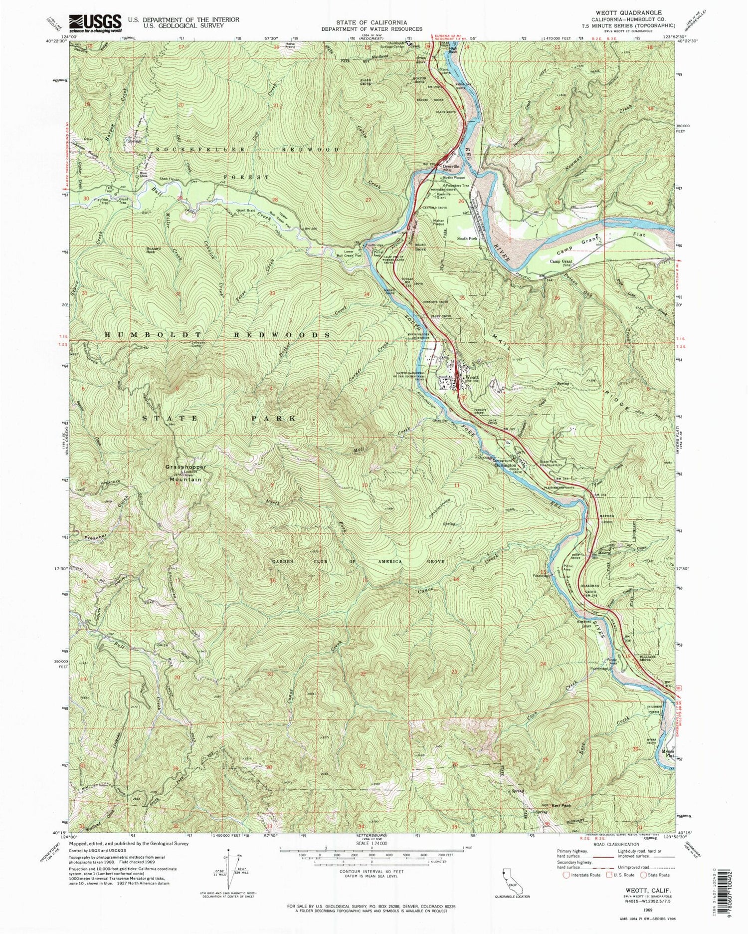 Classic USGS Weott California 7.5'x7.5' Topo Map Image