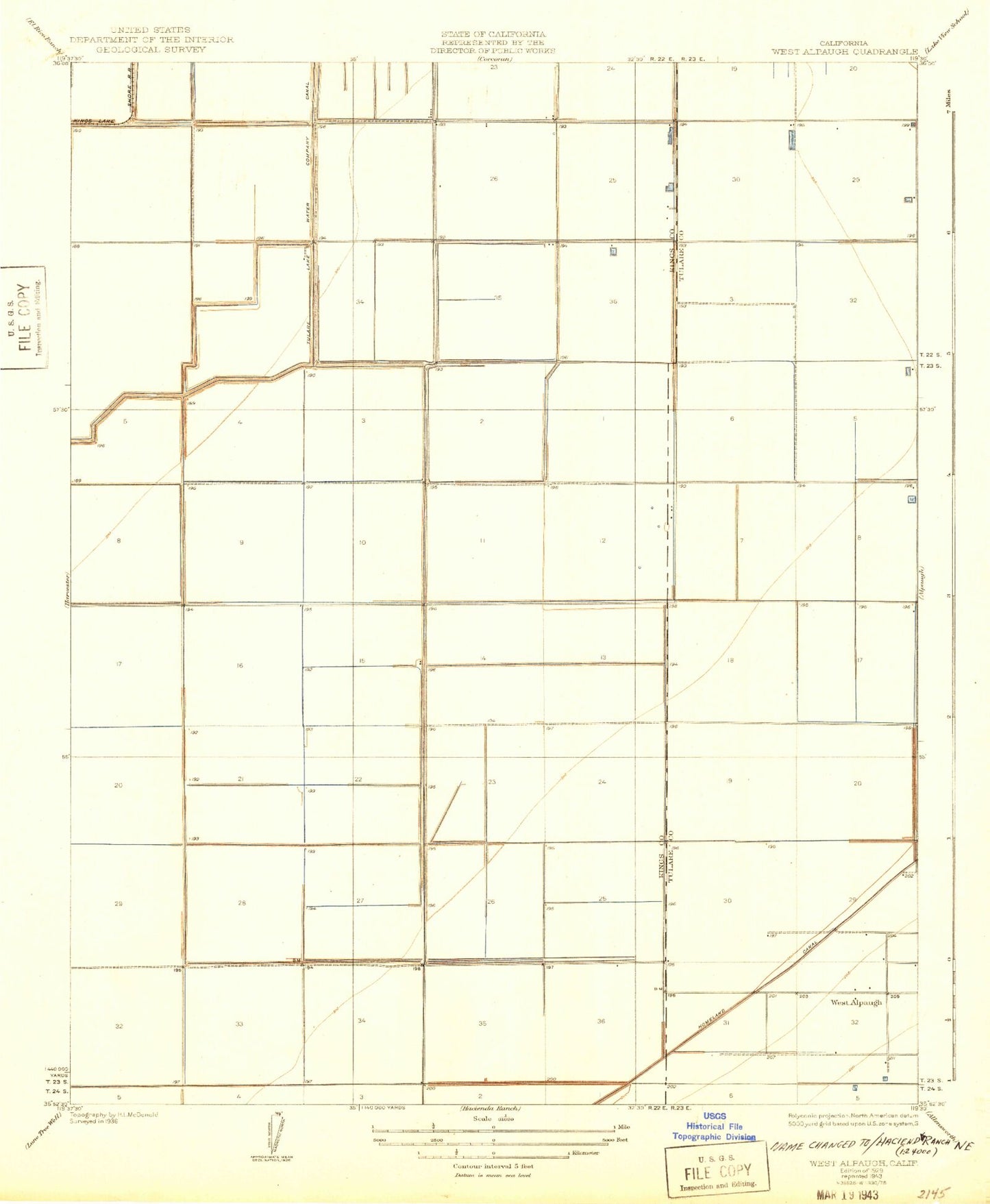 Classic USGS Hacienda Ranch NE California 7.5'x7.5' Topo Map Image