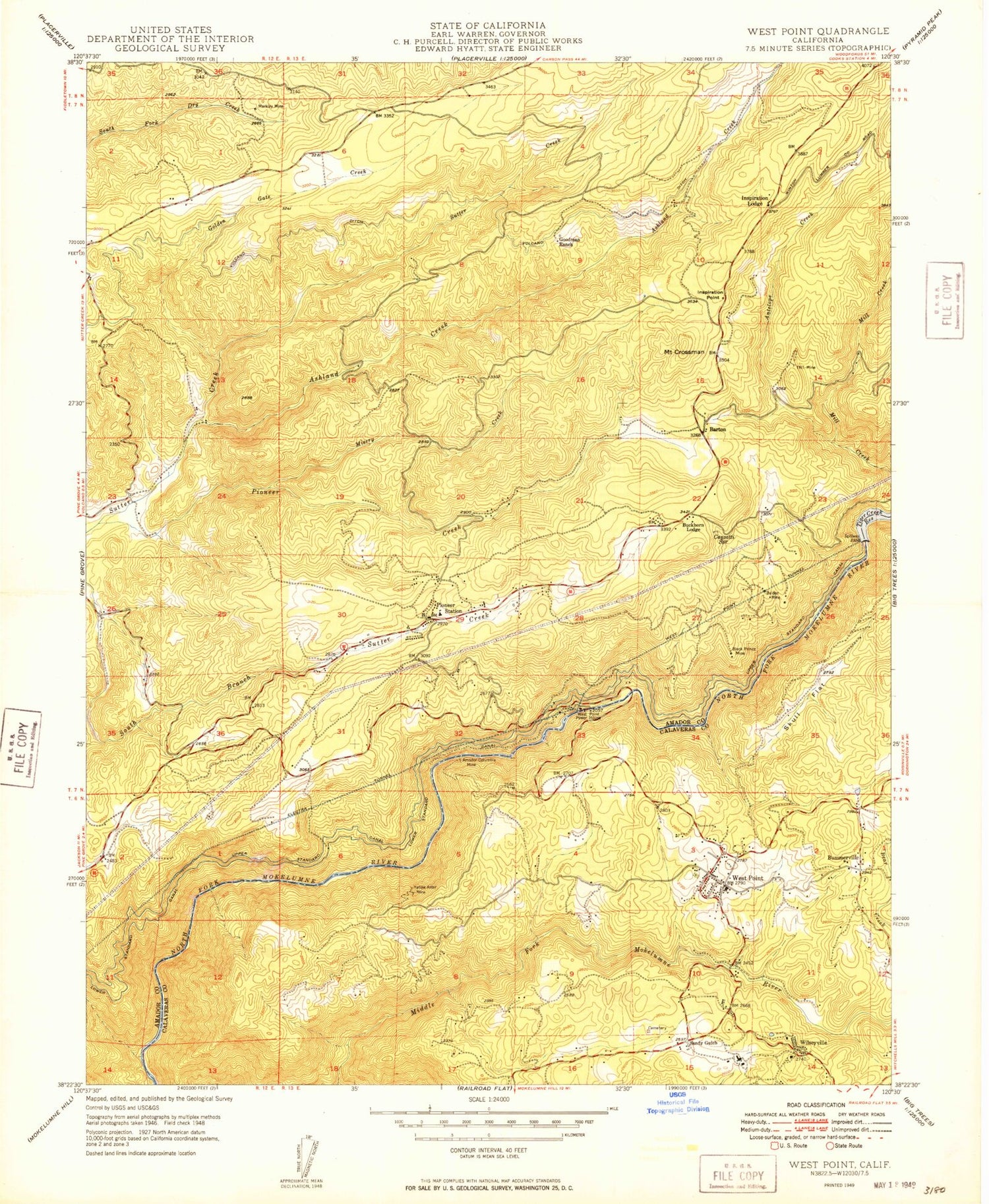Classic USGS West Point California 7.5'x7.5' Topo Map Image