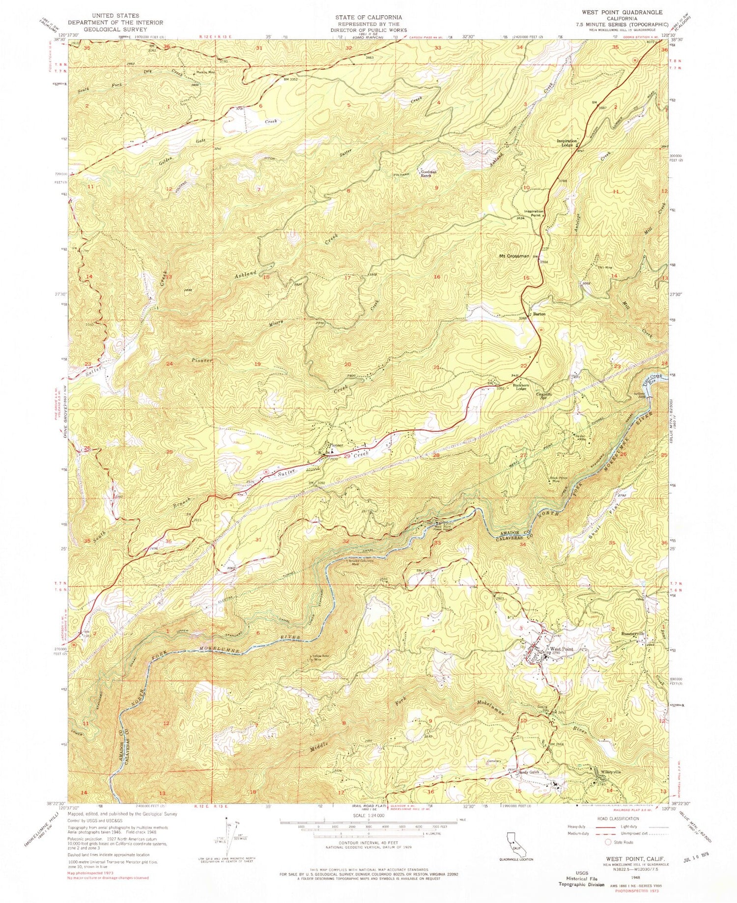 Classic USGS West Point California 7.5'x7.5' Topo Map Image
