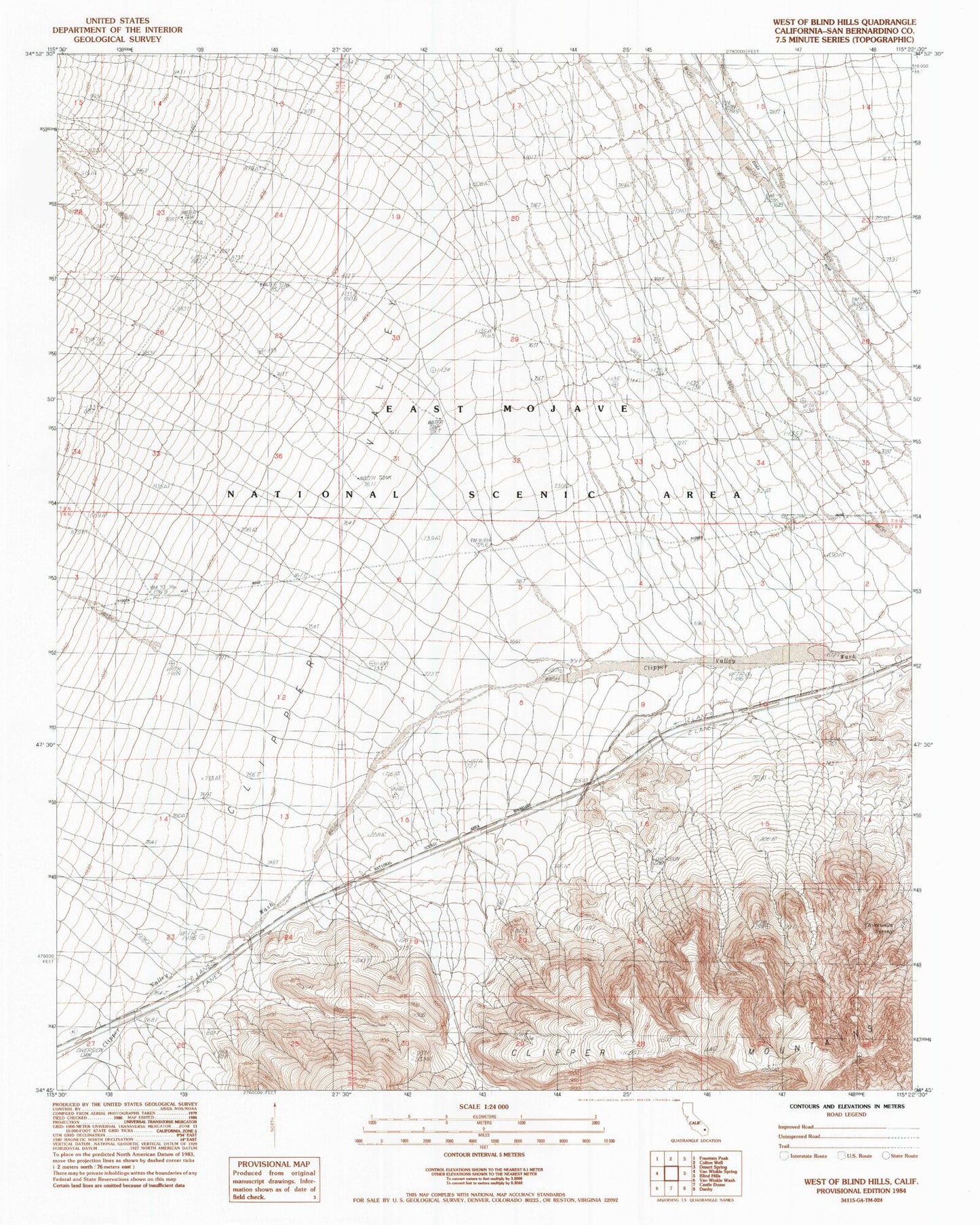 Classic USGS West of Blind Hills California 7.5'x7.5' Topo Map Image
