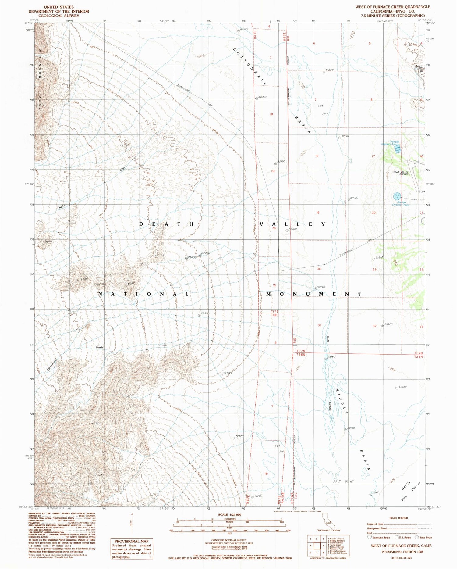 Classic USGS West of Furnace Creek California 7.5'x7.5' Topo Map Image