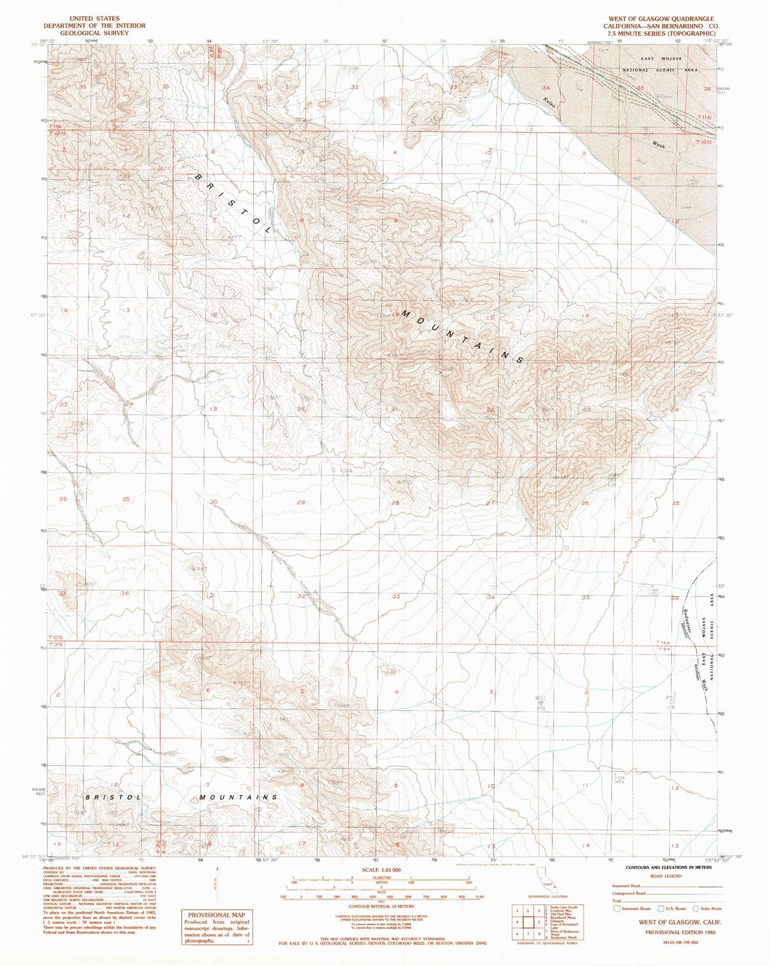 Classic USGS West of Glasgow California 7.5'x7.5' Topo Map Image