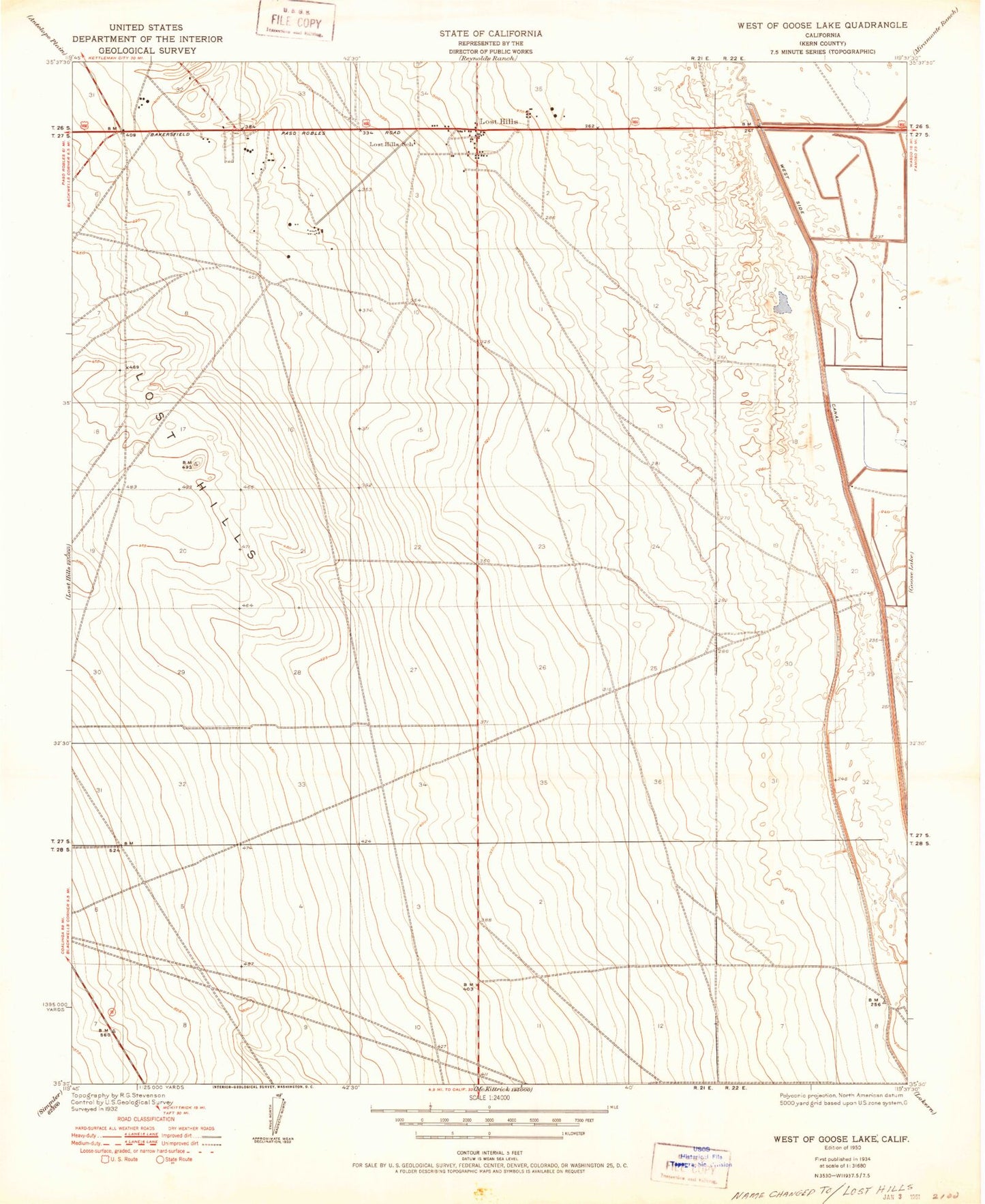 Classic USGS Lost Hills California 7.5'x7.5' Topo Map Image