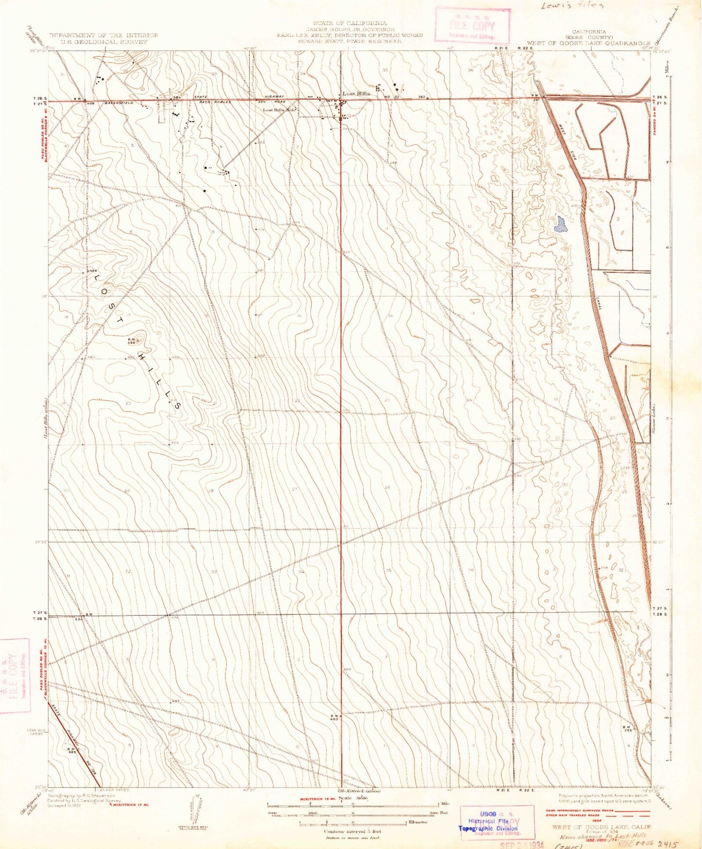 Classic USGS Lost Hills California 7.5'x7.5' Topo Map Image
