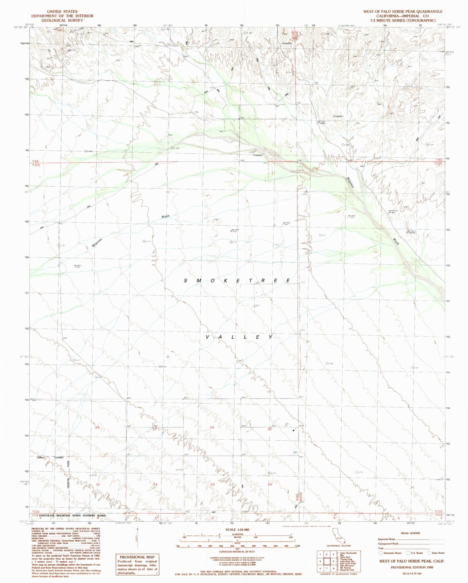 Classic USGS West of Palo Verde Peak California 7.5'x7.5' Topo Map Image
