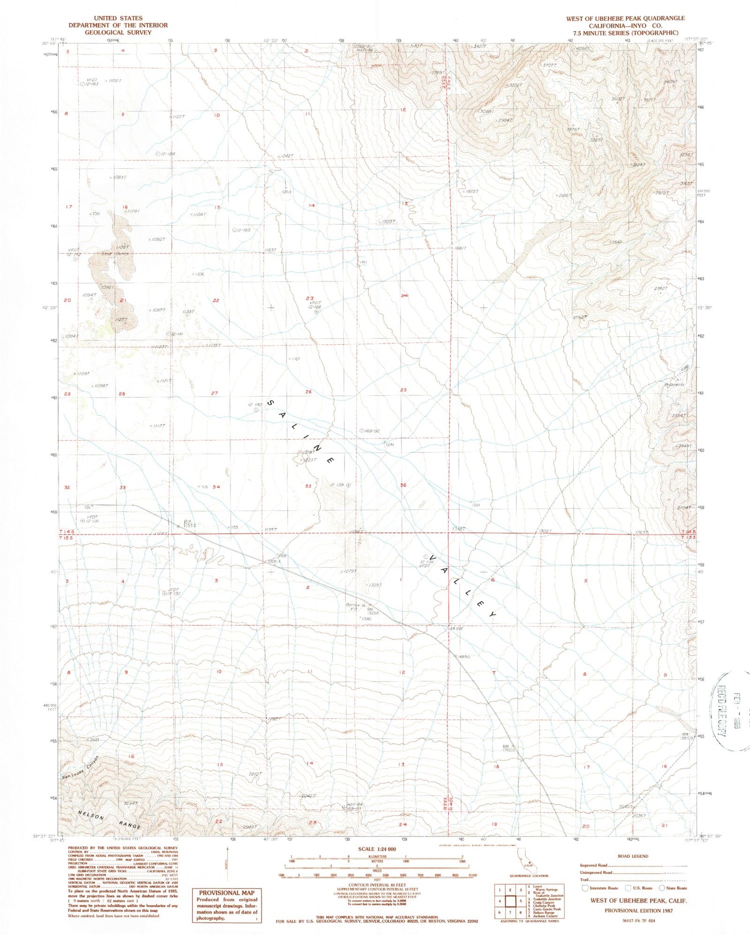 Classic USGS West of Ubehebe Peak California 7.5'x7.5' Topo Map Image