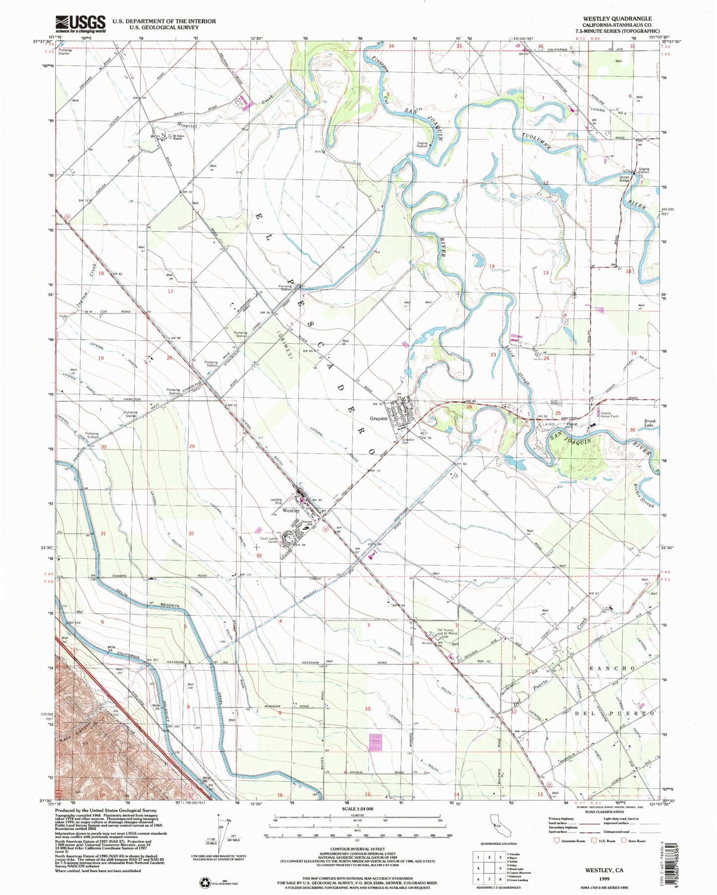 Classic USGS Westley California 7.5'x7.5' Topo Map Image