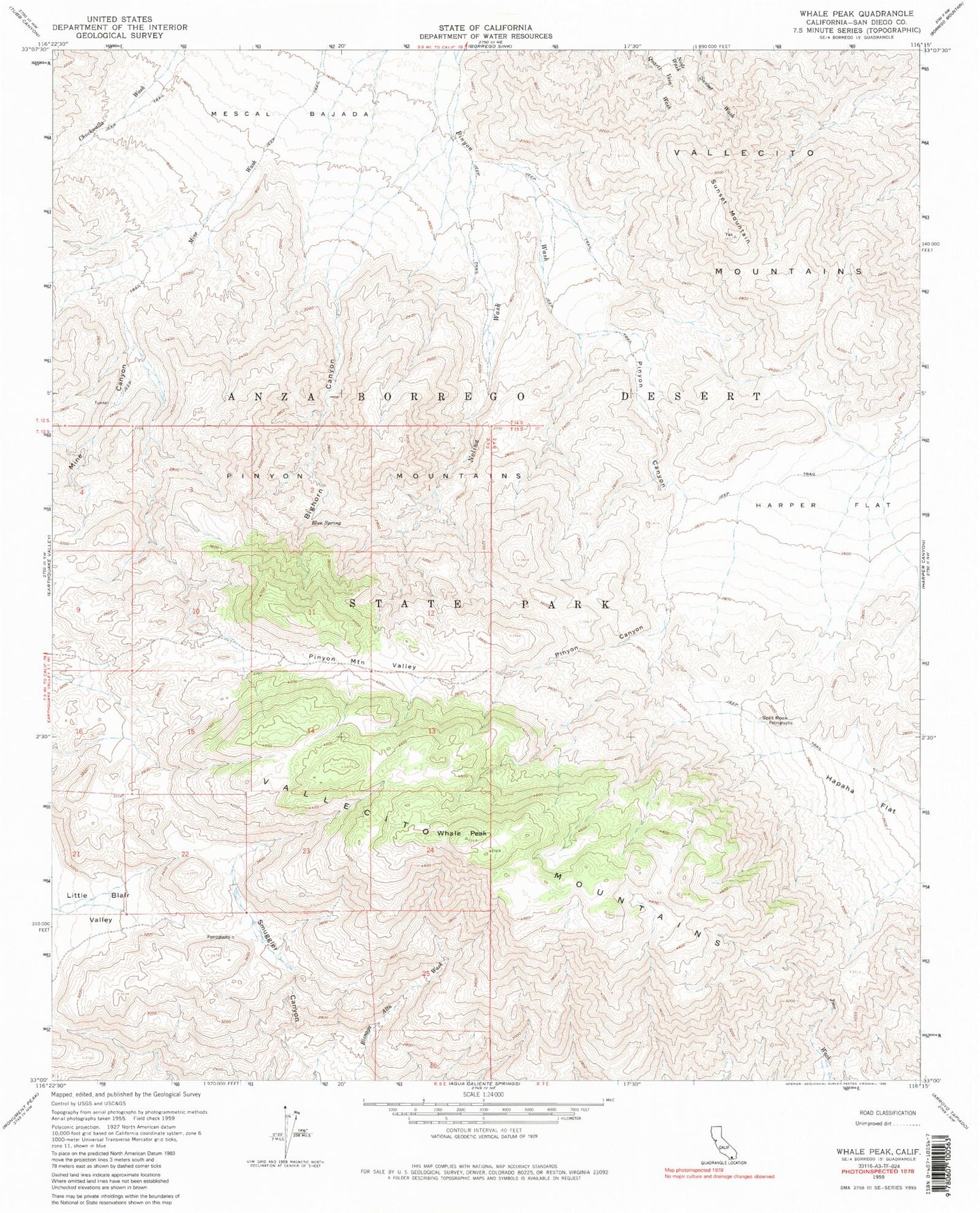 Classic USGS Whale Peak California 7.5'x7.5' Topo Map Image