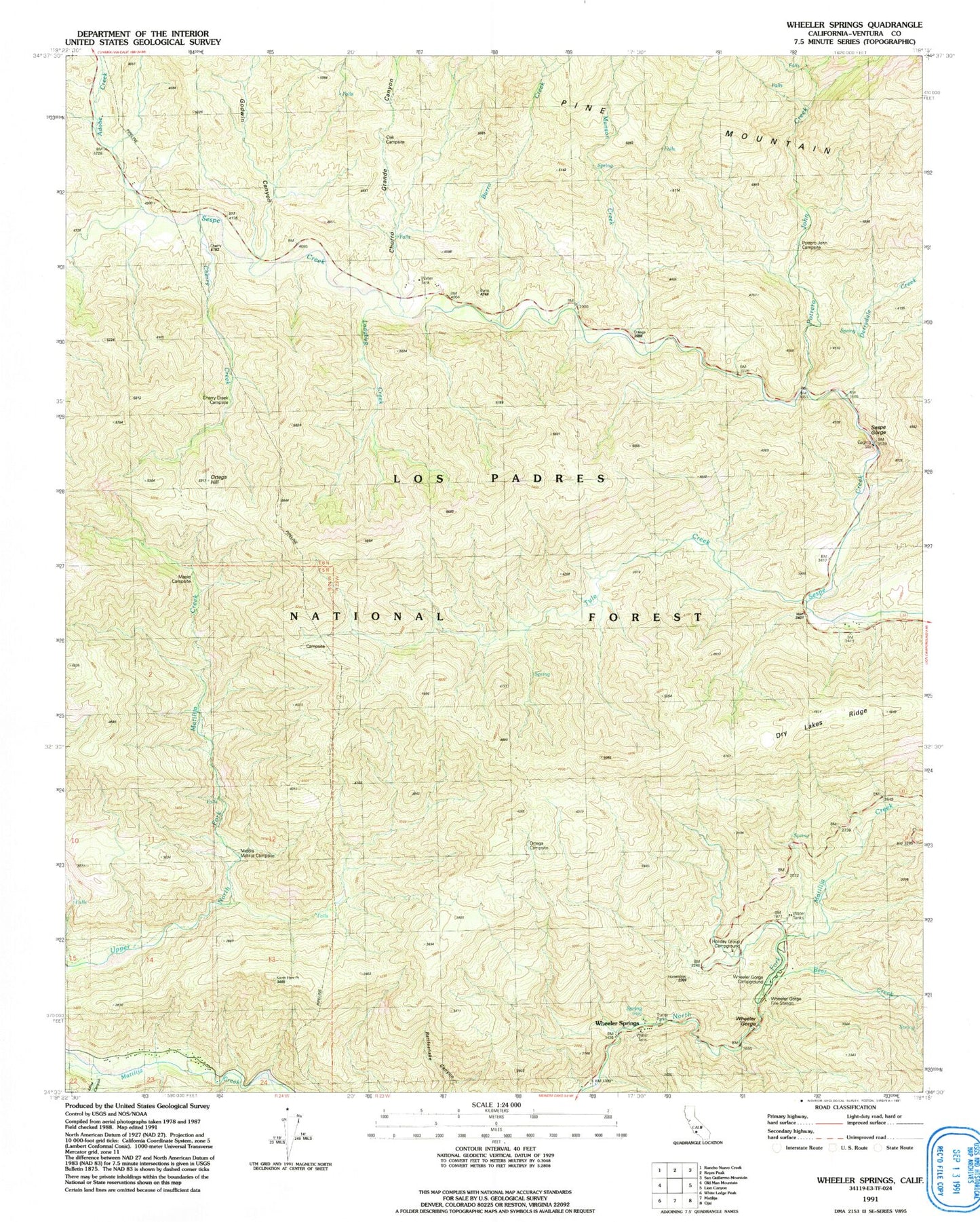 Classic USGS Wheeler Springs California 7.5'x7.5' Topo Map Image