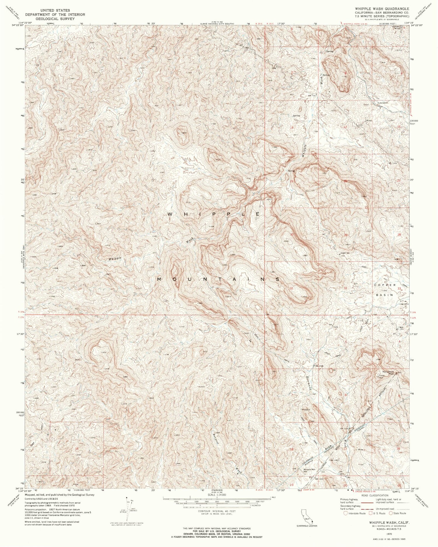 Classic USGS Whipple Wash California 7.5'x7.5' Topo Map Image