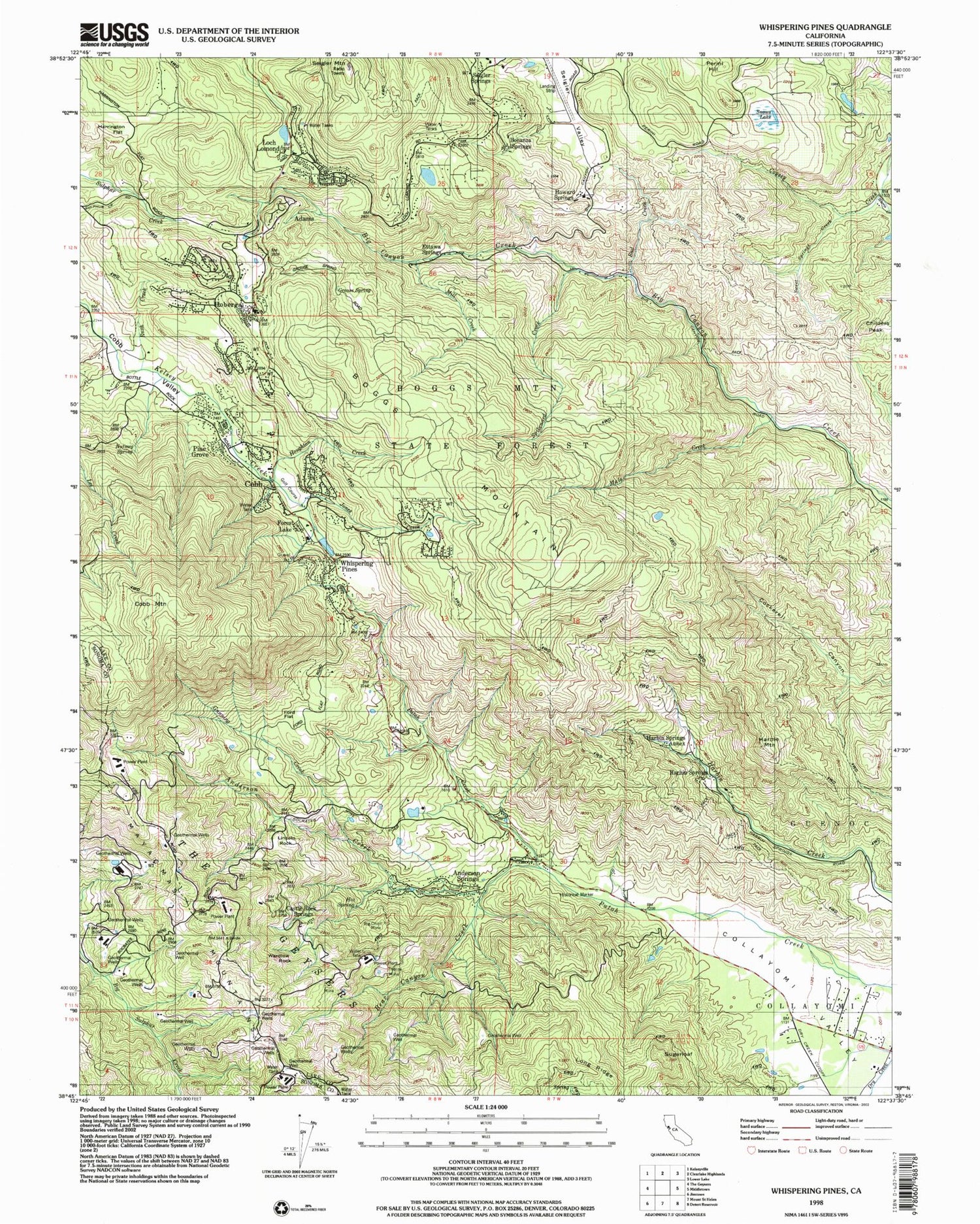 Classic USGS Whispering Pines California 7.5'x7.5' Topo Map Image