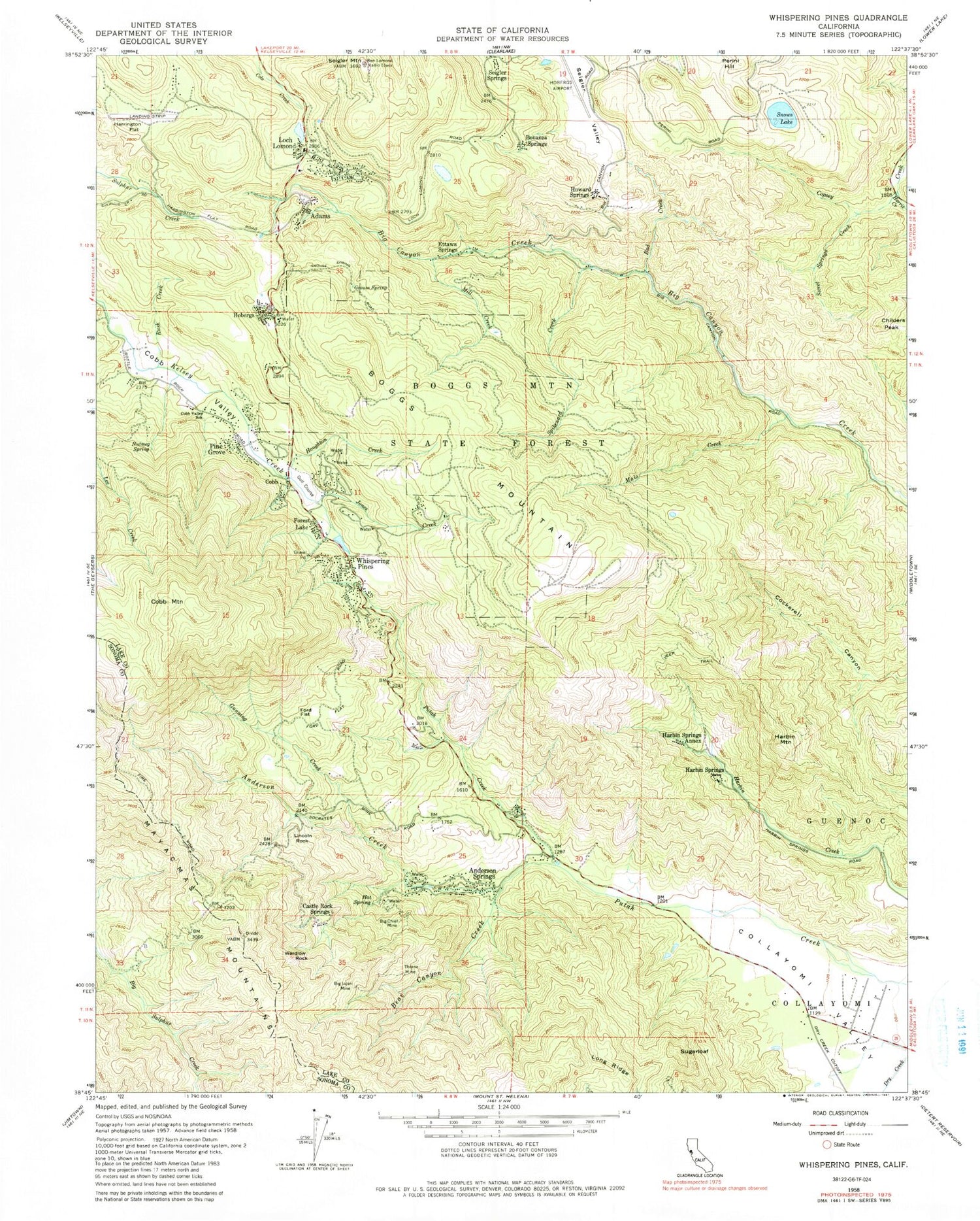 Classic USGS Whispering Pines California 7.5'x7.5' Topo Map Image