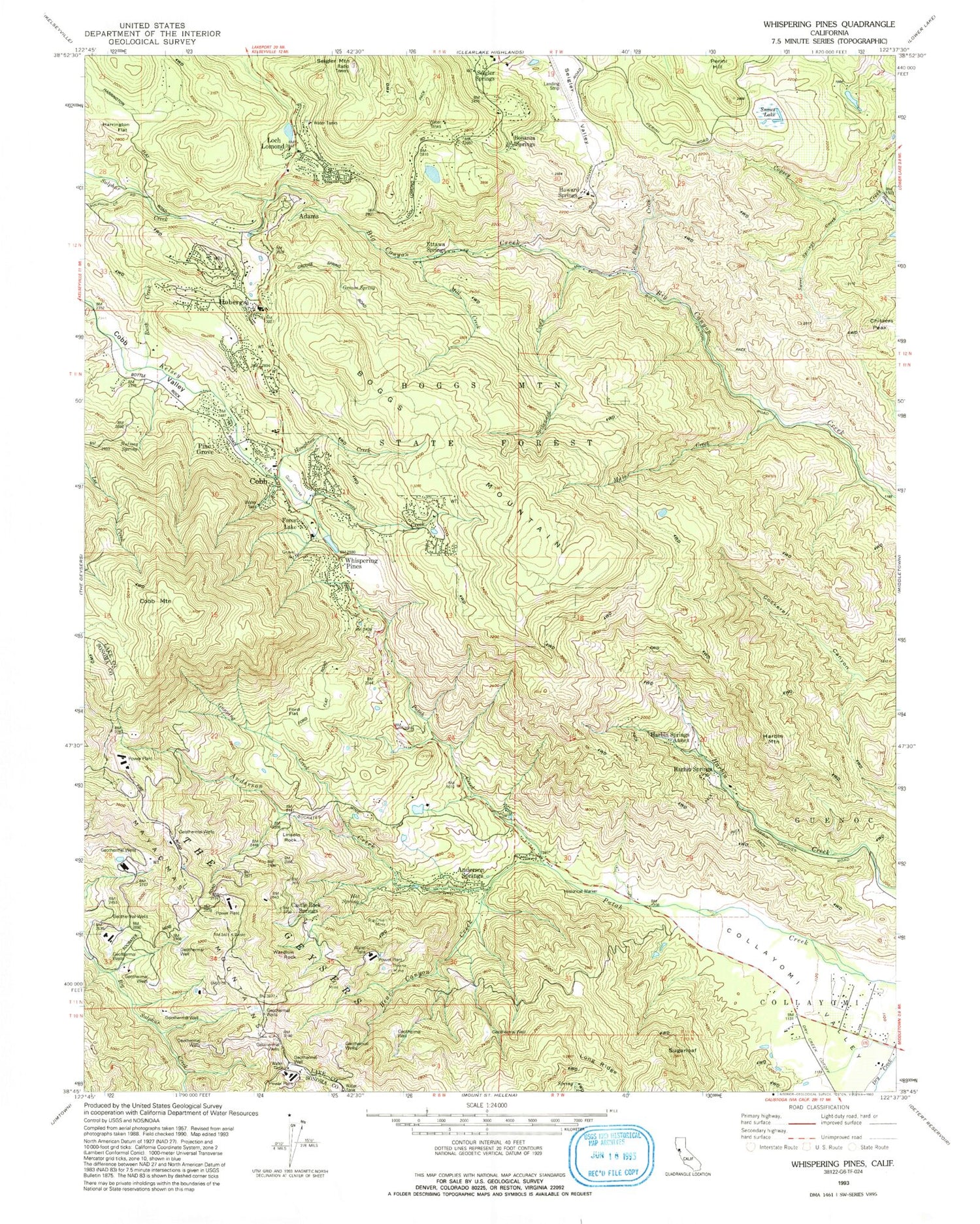 Classic USGS Whispering Pines California 7.5'x7.5' Topo Map Image