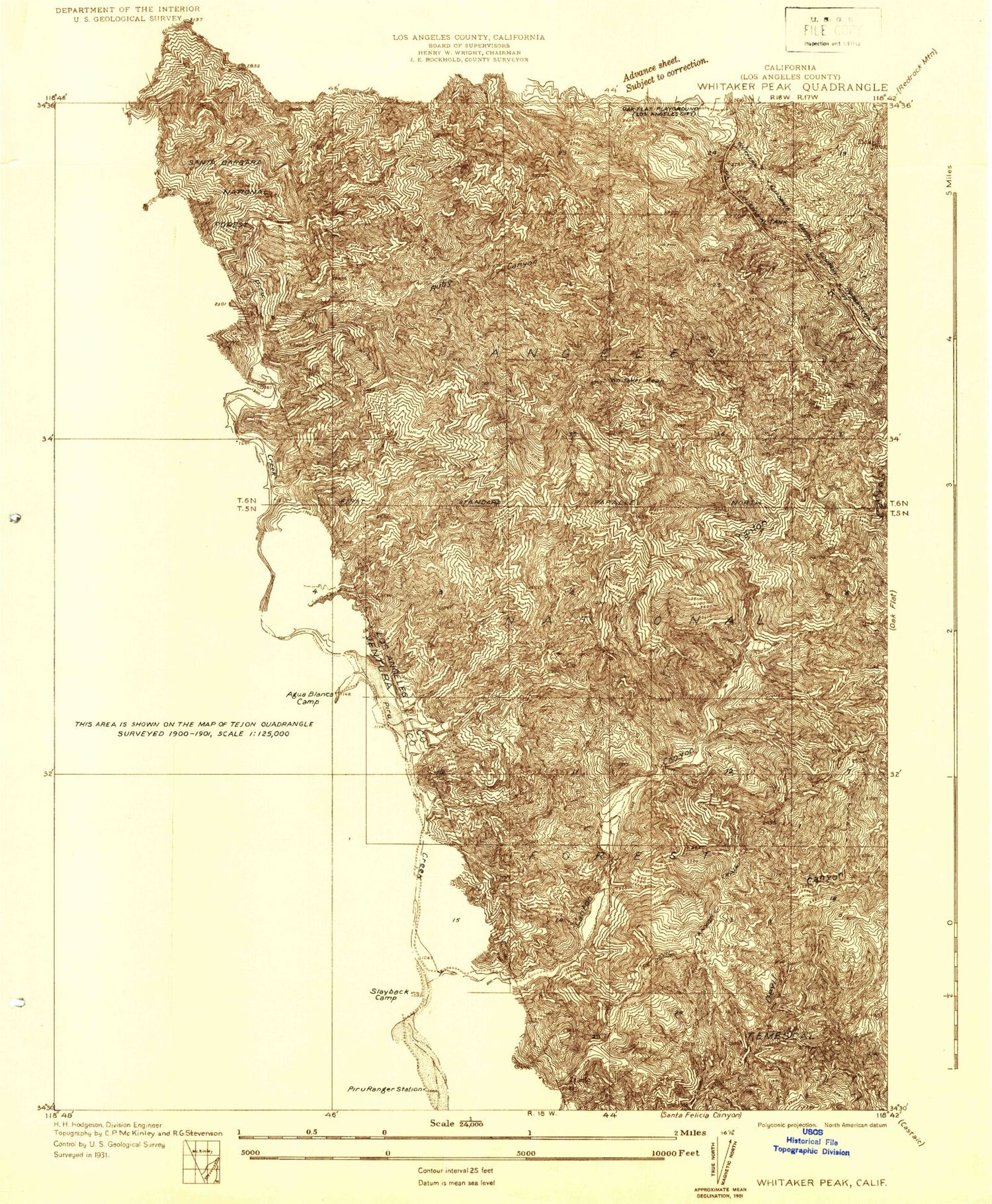 Classic USGS Whitaker Peak California 7.5'x7.5' Topo Map Image