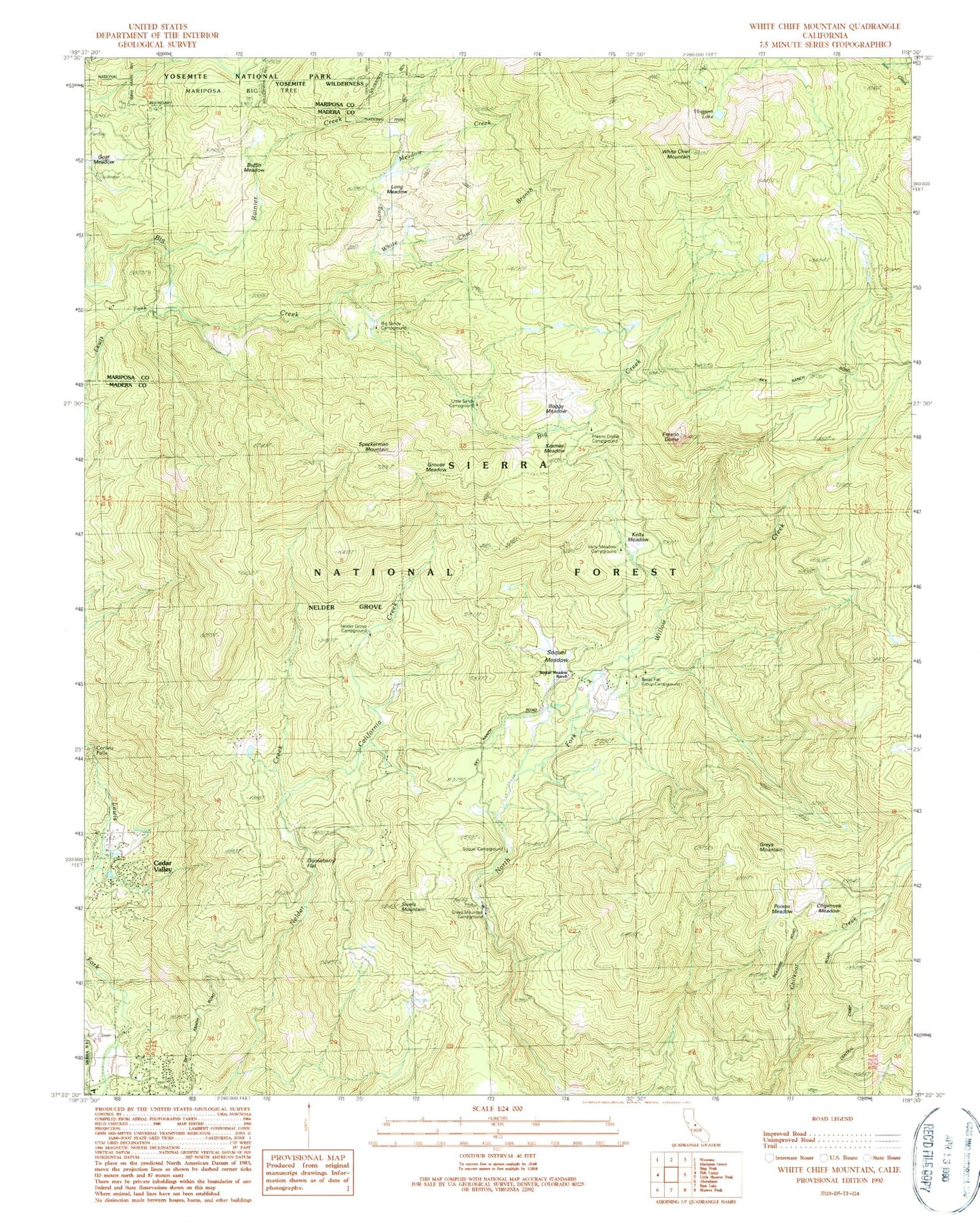 Classic USGS White Chief Mountain California 7.5'x7.5' Topo Map Image