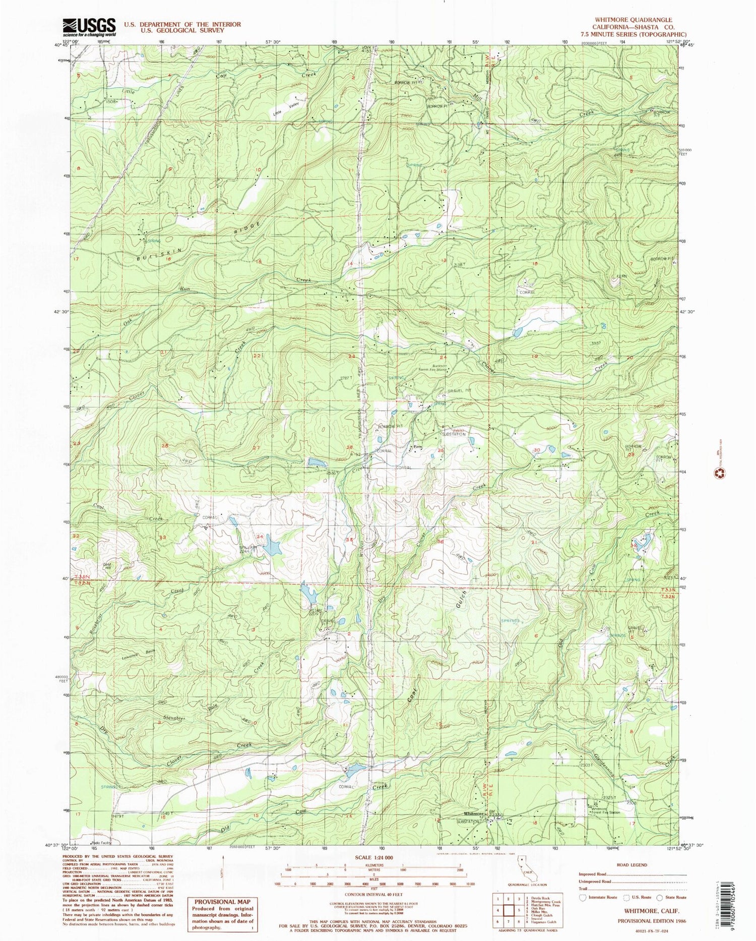 Classic USGS Whitmore California 7.5'x7.5' Topo Map Image