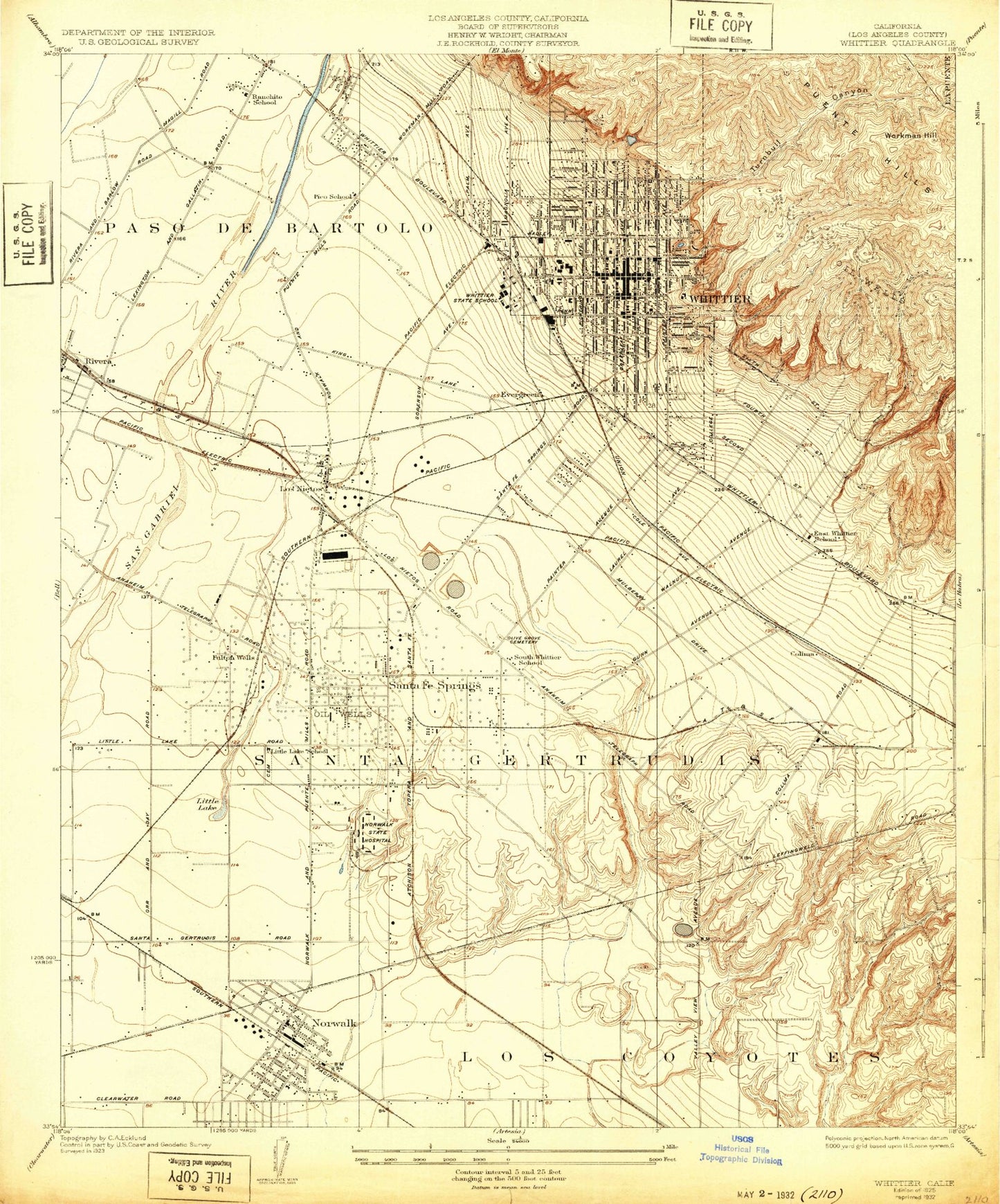 Classic USGS Whittier California 7.5'x7.5' Topo Map Image