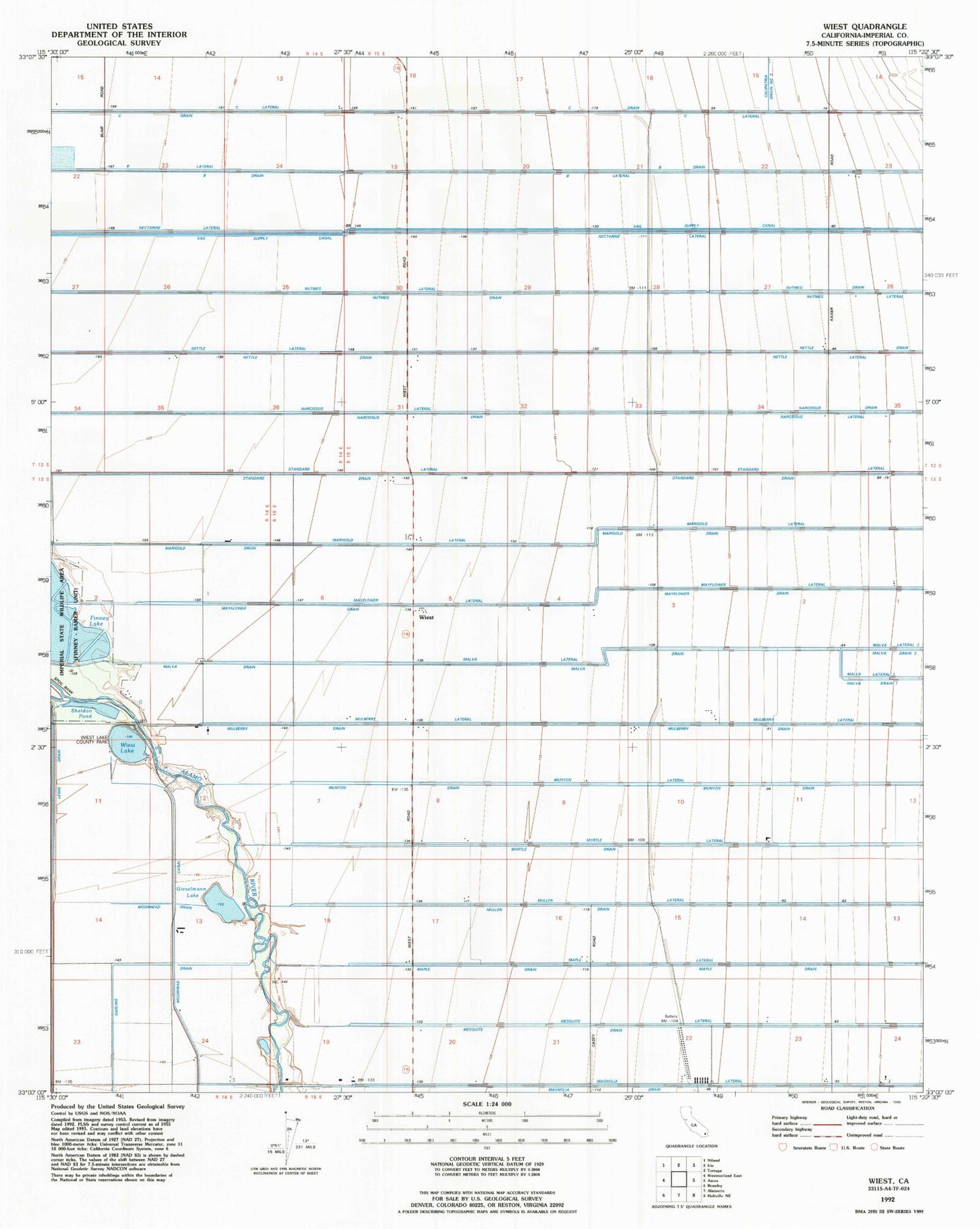 Classic USGS Wiest California 7.5'x7.5' Topo Map Image
