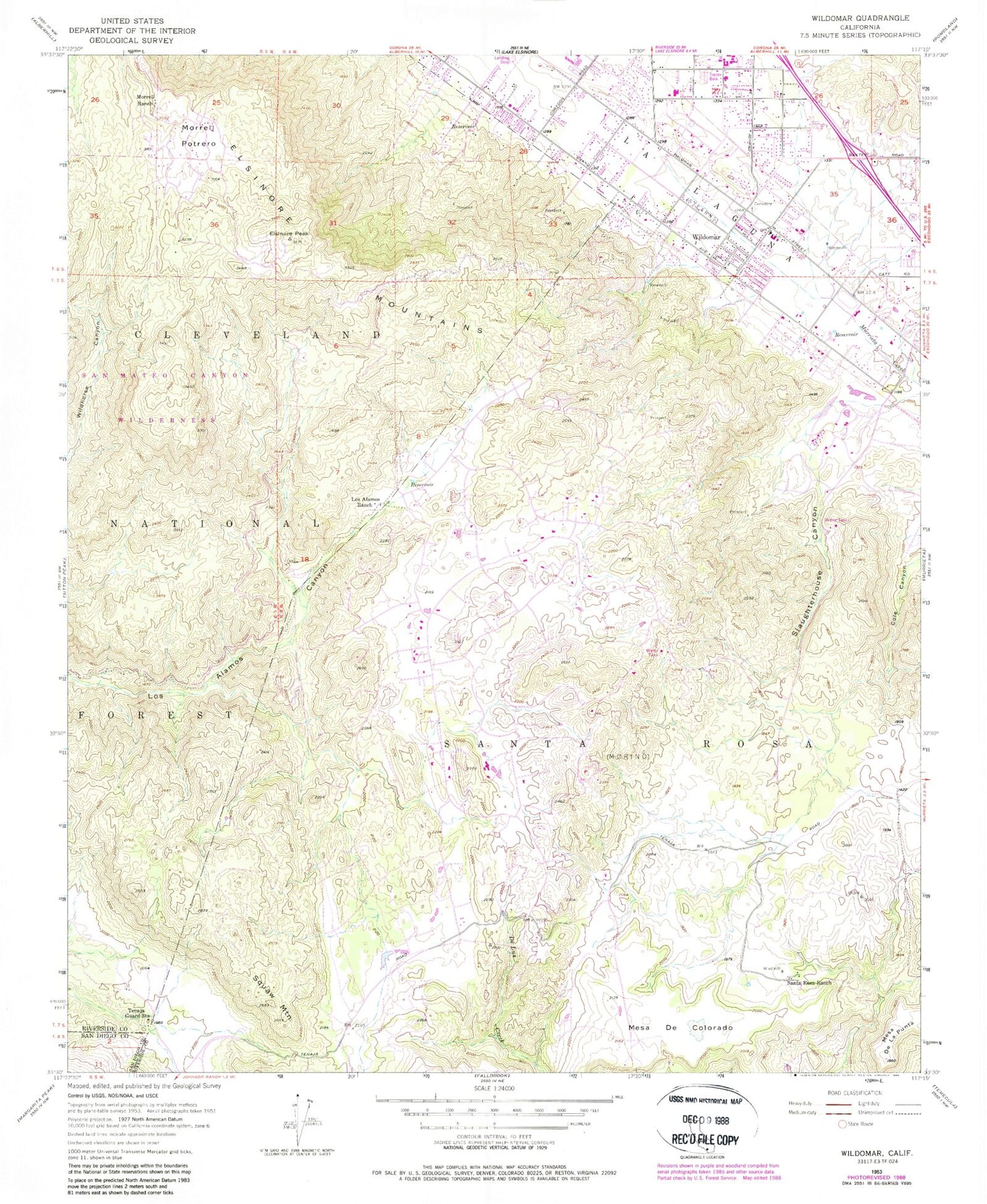 Classic USGS Wildomar California 7.5'x7.5' Topo Map Image