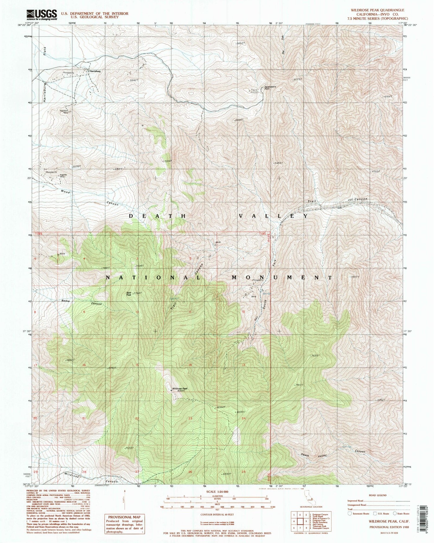 Classic USGS Wildrose Peak California 7.5'x7.5' Topo Map Image