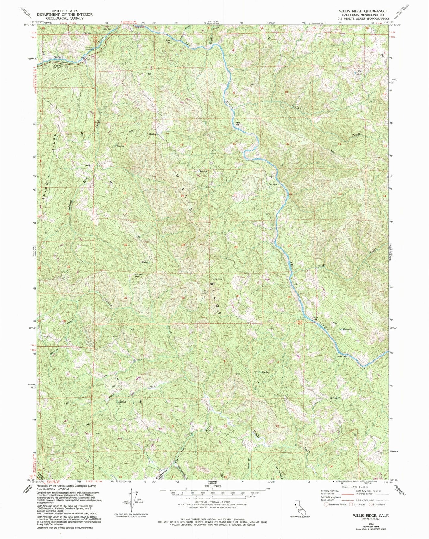 Classic USGS Willis Ridge California 7.5'x7.5' Topo Map Image
